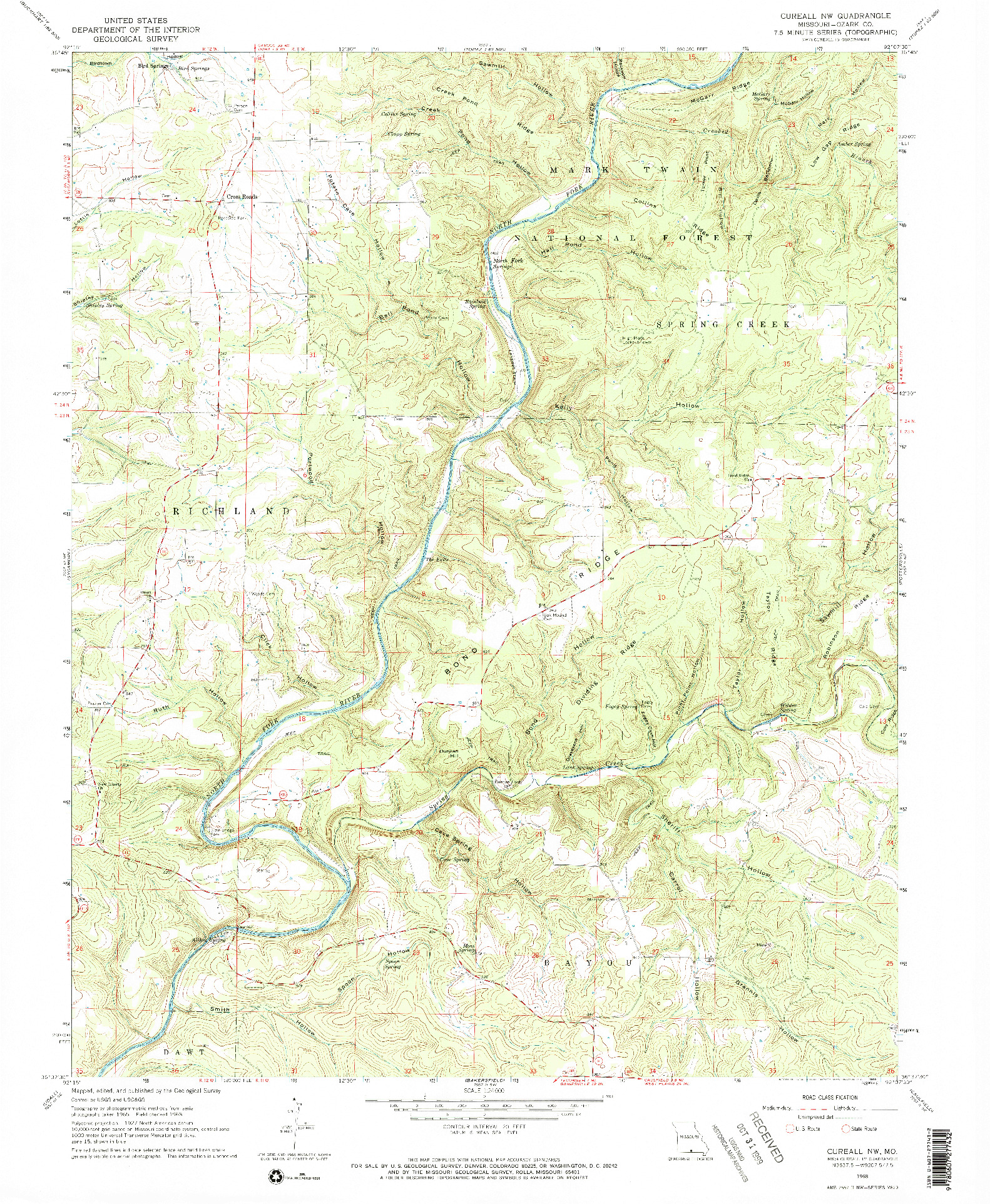 USGS 1:24000-SCALE QUADRANGLE FOR CUREALL NW, MO 1968