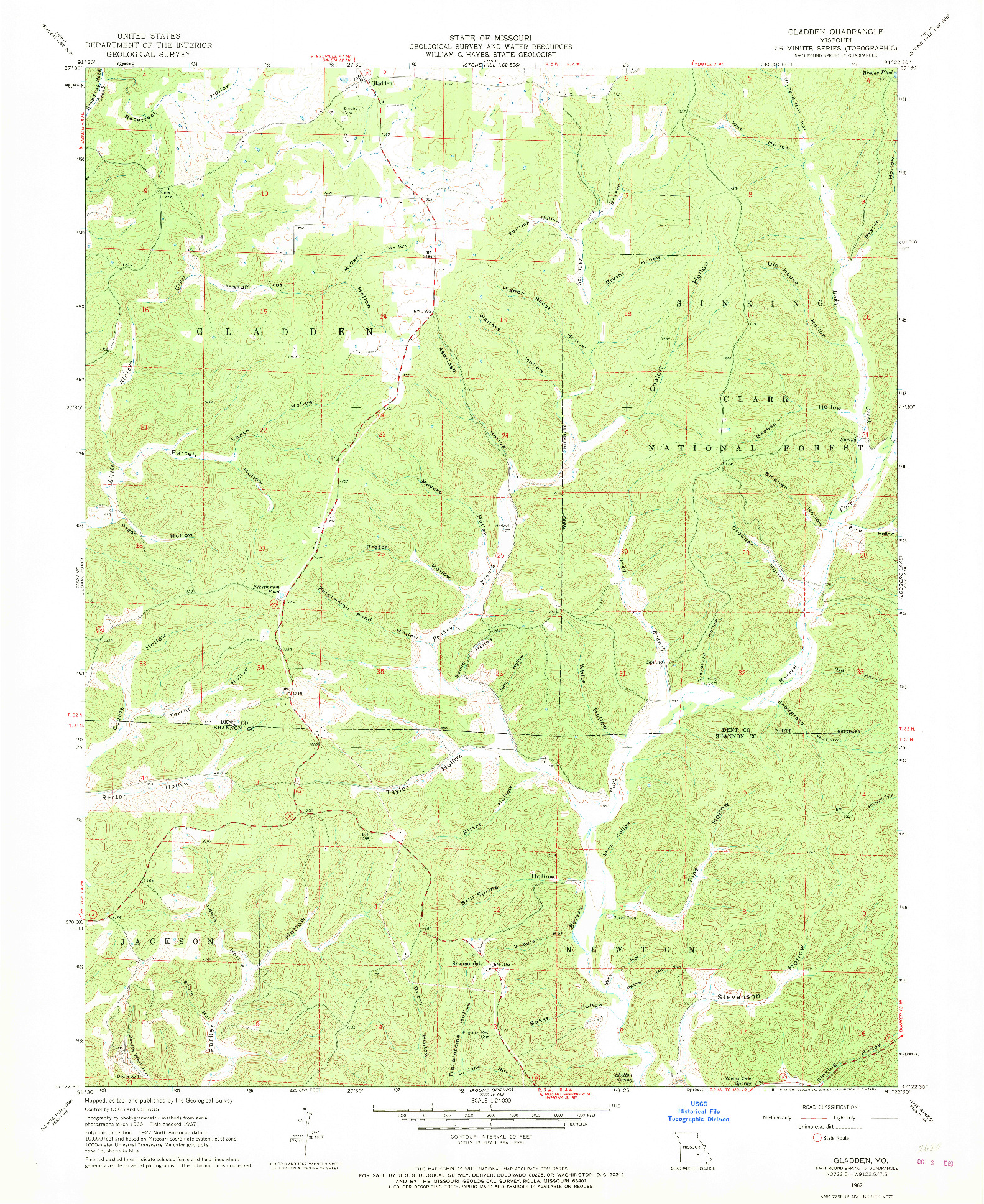 USGS 1:24000-SCALE QUADRANGLE FOR GLADDEN, MO 1967