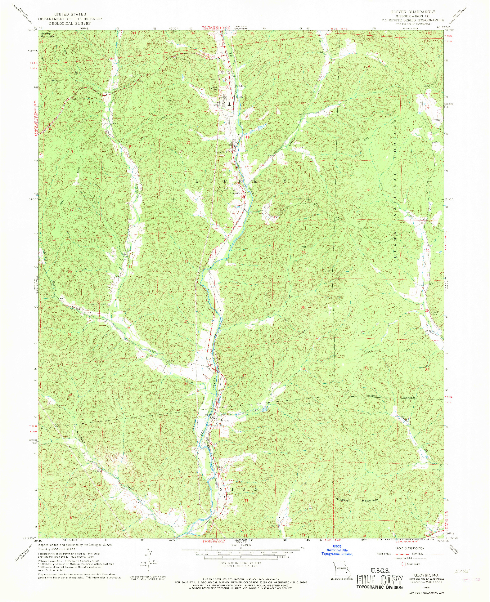 USGS 1:24000-SCALE QUADRANGLE FOR GLOVER, MO 1968