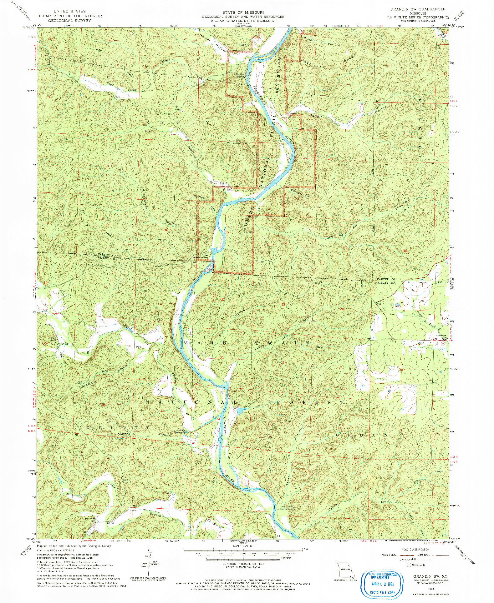USGS 1:24000-SCALE QUADRANGLE FOR GRANDIN SW, MO 1968