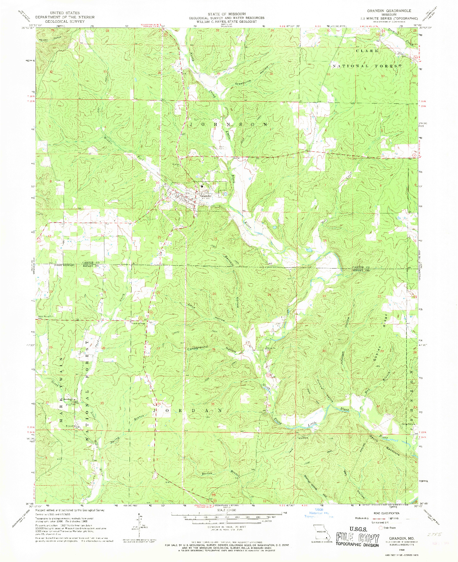 USGS 1:24000-SCALE QUADRANGLE FOR GRANDIN, MO 1968