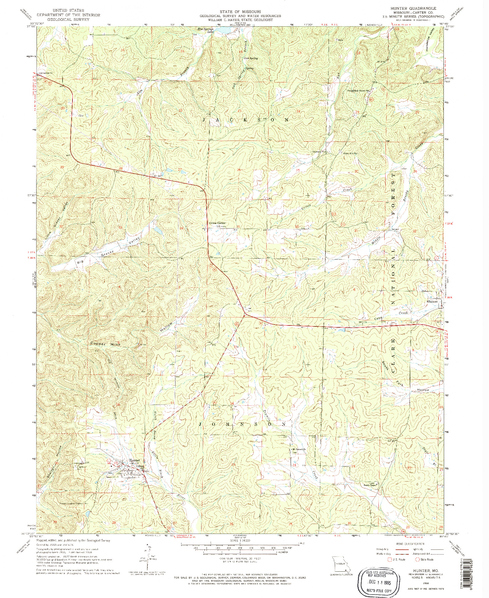 USGS 1:24000-SCALE QUADRANGLE FOR HUNTER, MO 1968