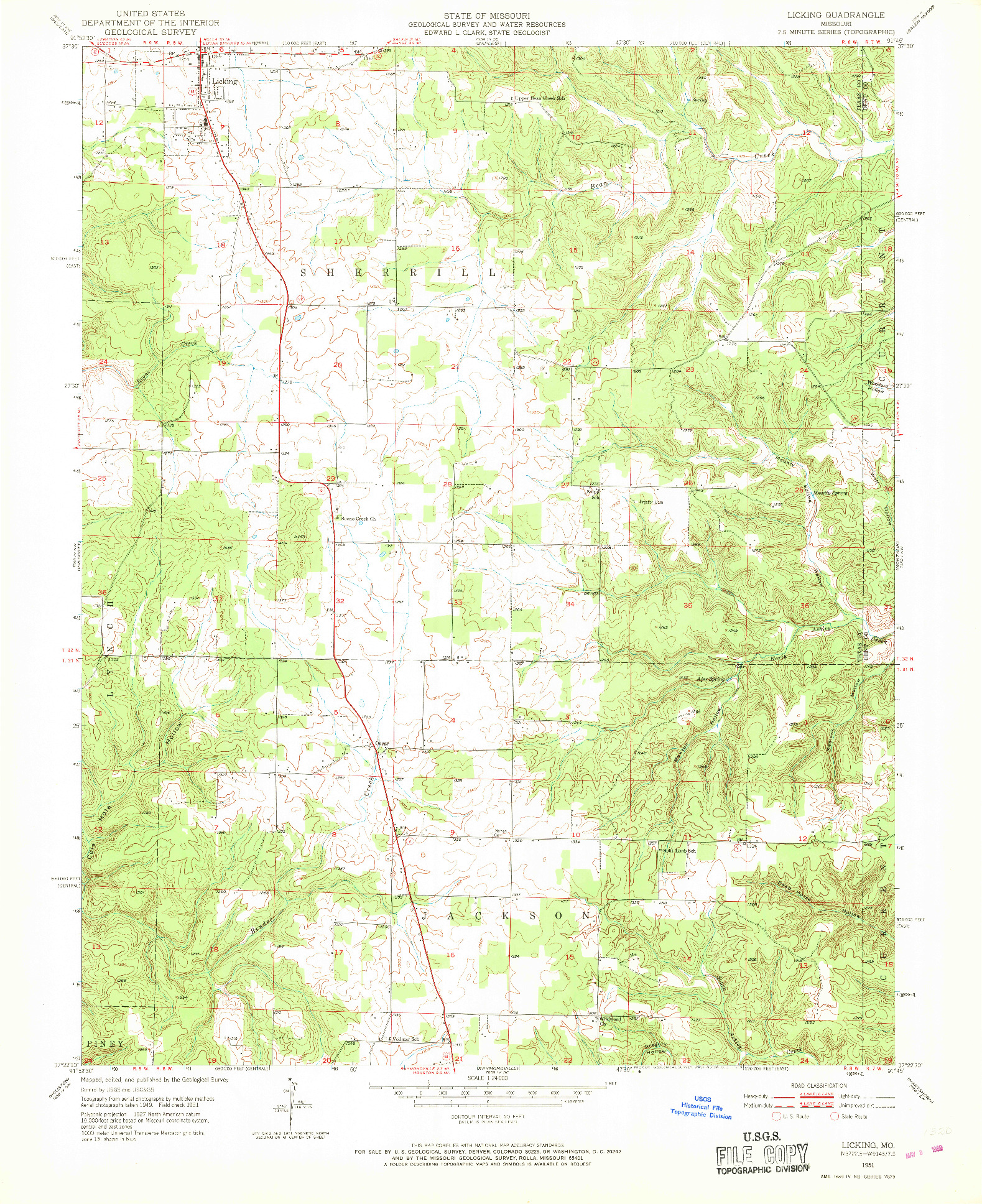 USGS 1:24000-SCALE QUADRANGLE FOR LICKING, MO 1951