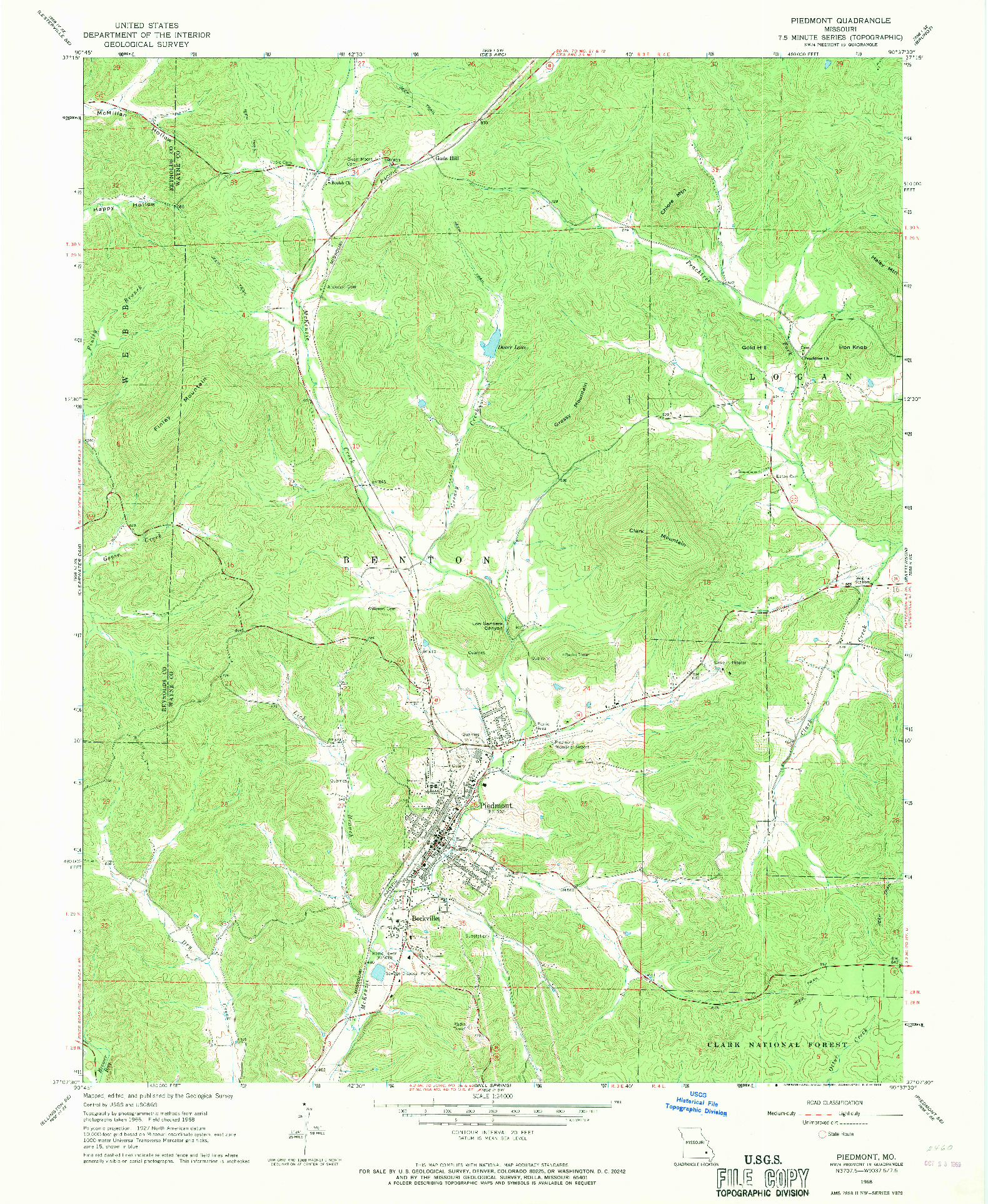 USGS 1:24000-SCALE QUADRANGLE FOR PIEDMONT, MO 1968