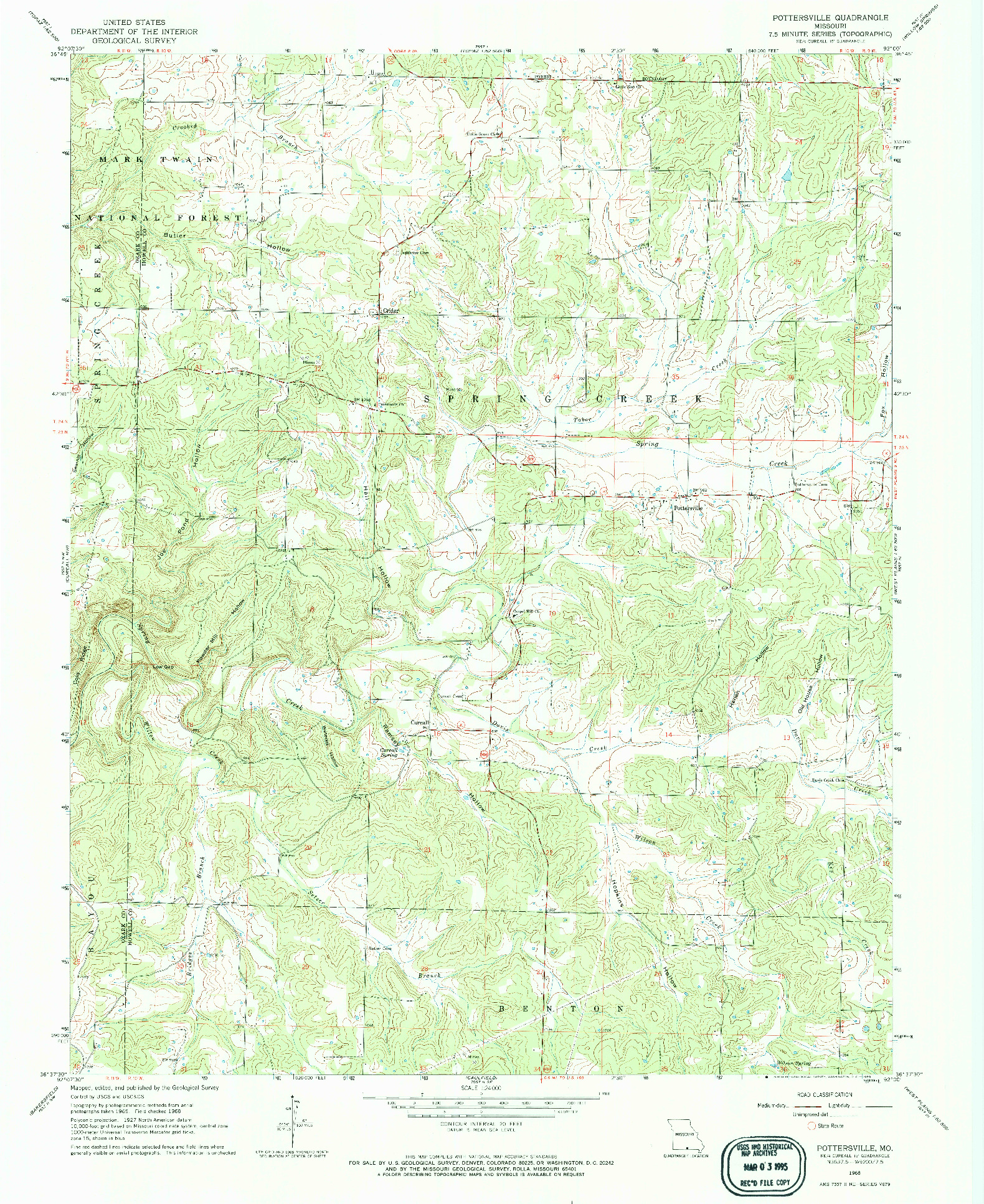 USGS 1:24000-SCALE QUADRANGLE FOR POTTERSVILLE, MO 1968