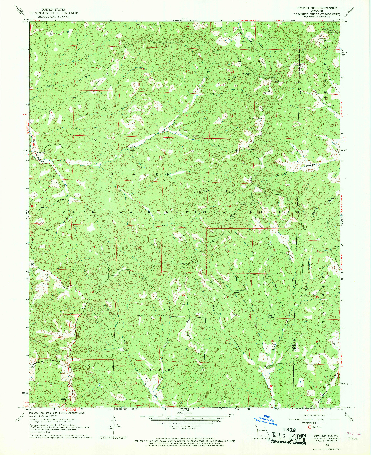 USGS 1:24000-SCALE QUADRANGLE FOR PROTEM NE, MO 1968