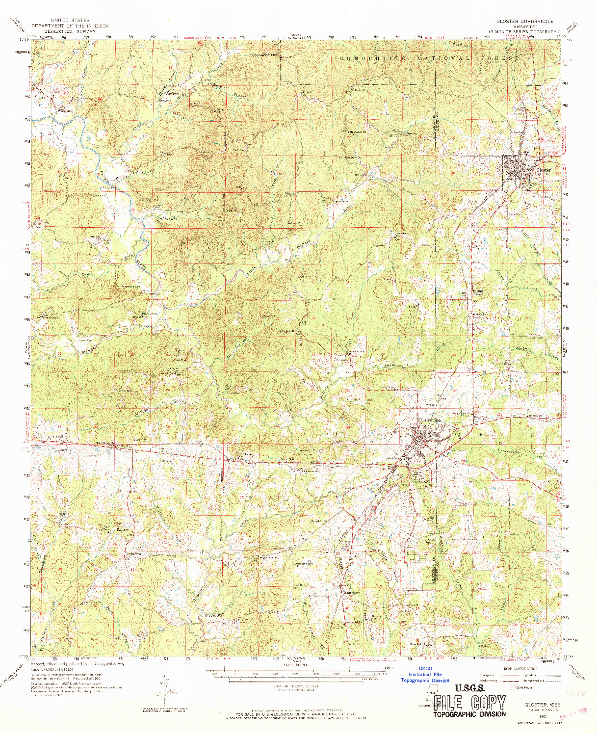 USGS 1:62500-SCALE QUADRANGLE FOR GLOSTER, MS 1961