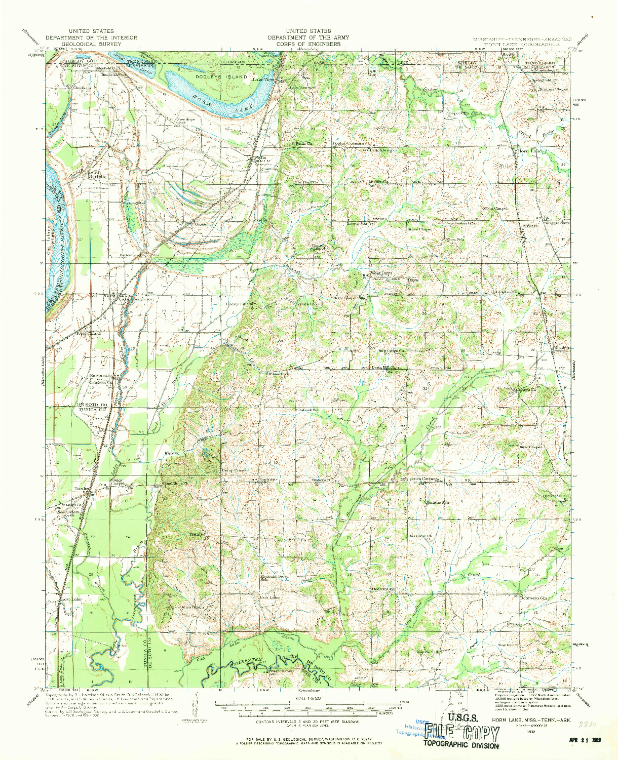 USGS 1:62500-SCALE QUADRANGLE FOR HORN LAKE, MS 1932