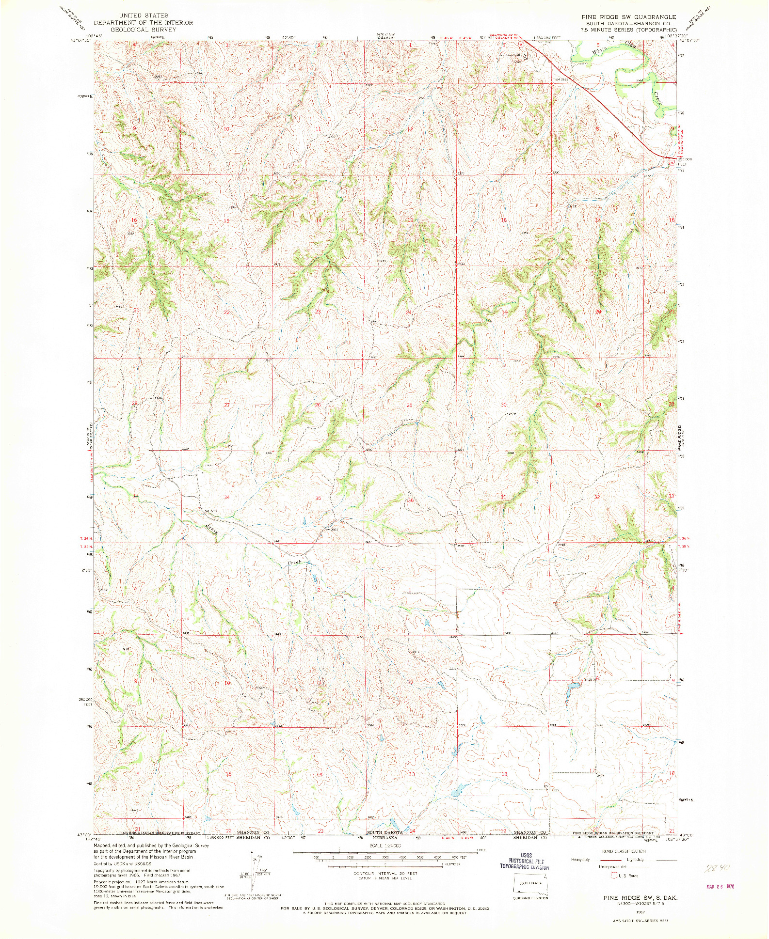 USGS 1:24000-SCALE QUADRANGLE FOR PINE RIDGE SW, SD 1967