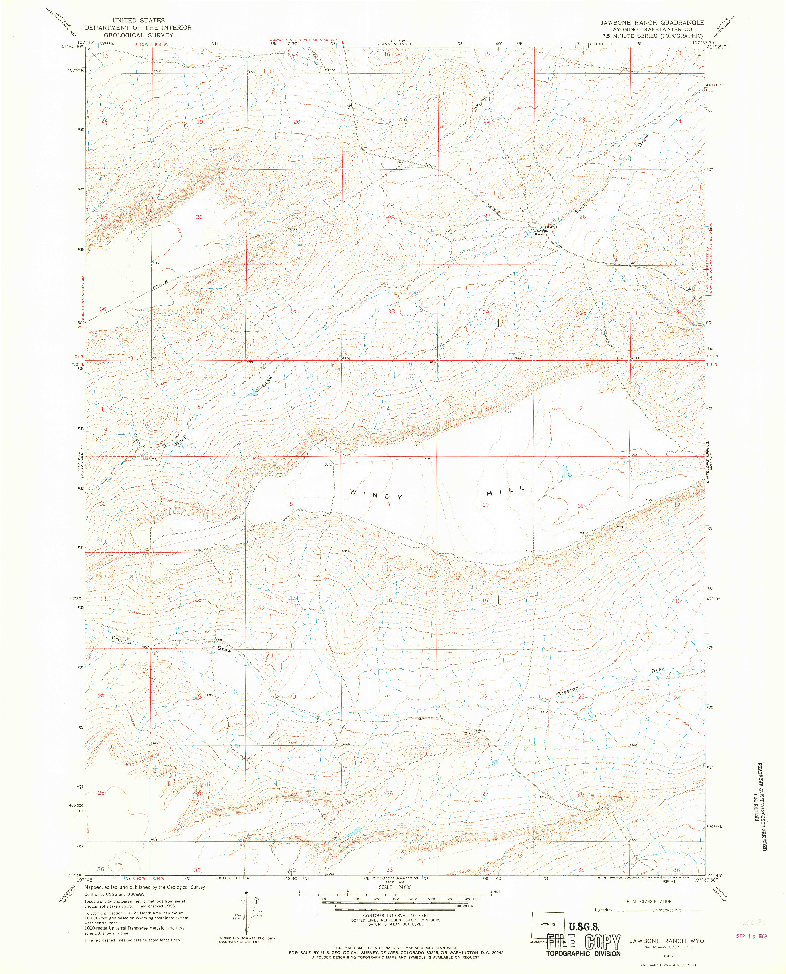 USGS 1:24000-SCALE QUADRANGLE FOR JAWBONE RANCH, WY 1966