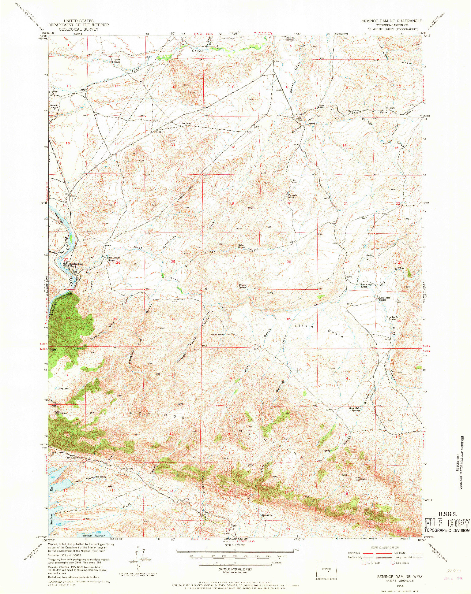 USGS 1:24000-SCALE QUADRANGLE FOR SEMINOE DAM NE, WY 1953