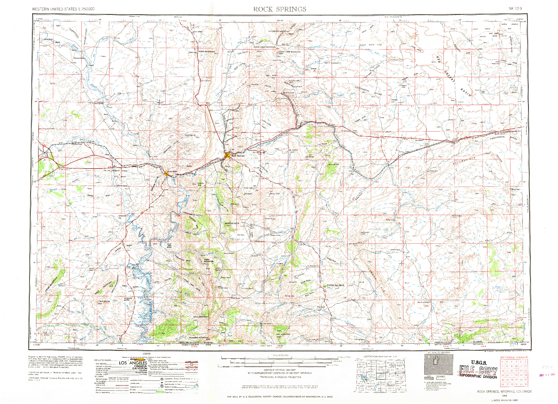 USGS 1:250000-SCALE QUADRANGLE FOR ROCK SPRINGS, WY 1954