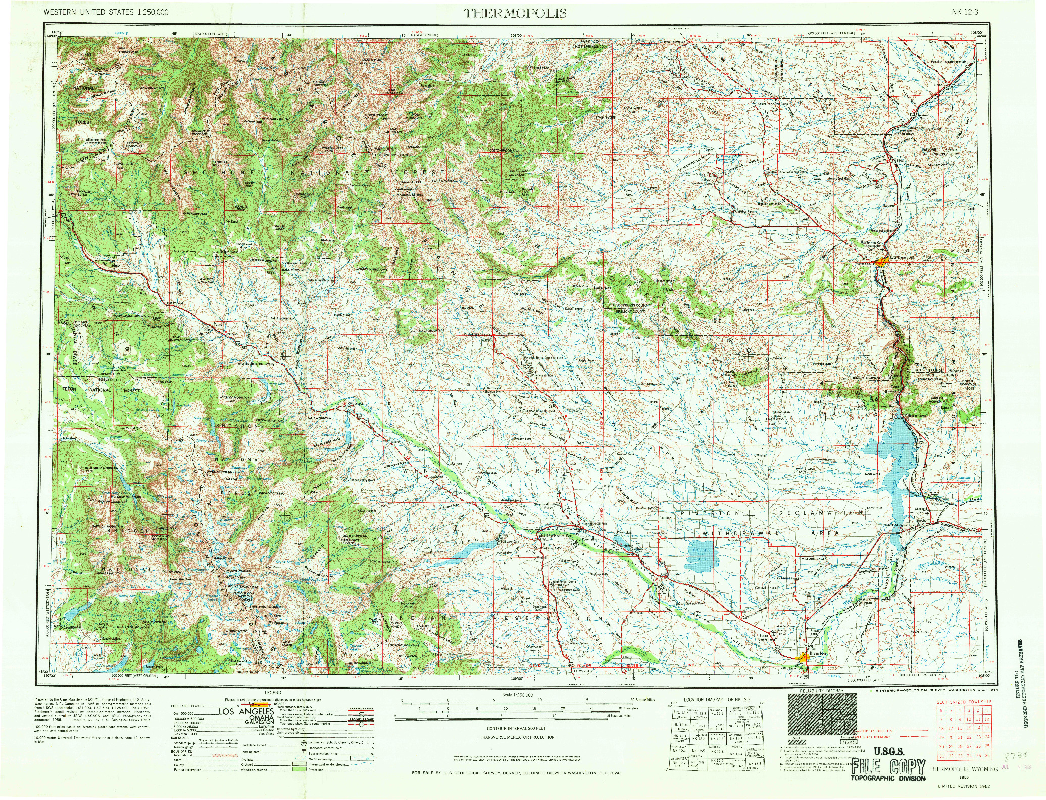 USGS 1:250000-SCALE QUADRANGLE FOR THERMOPOLIS, WY 1955