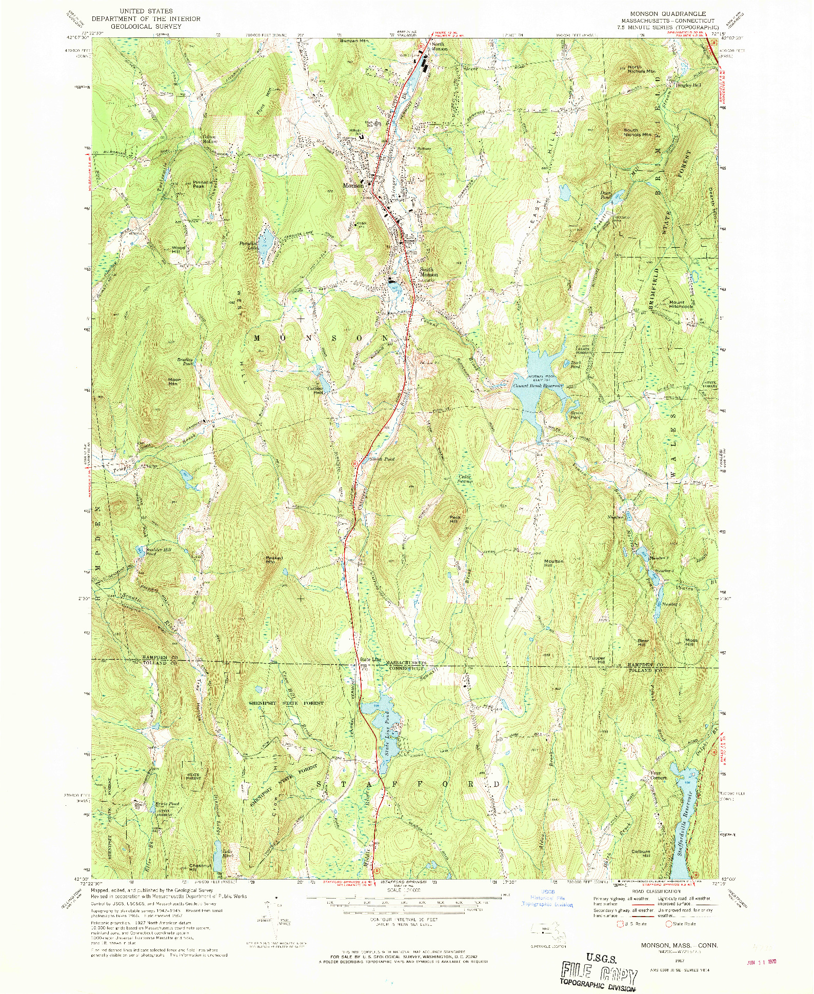 USGS 1:24000-SCALE QUADRANGLE FOR MONSON, MA 1967