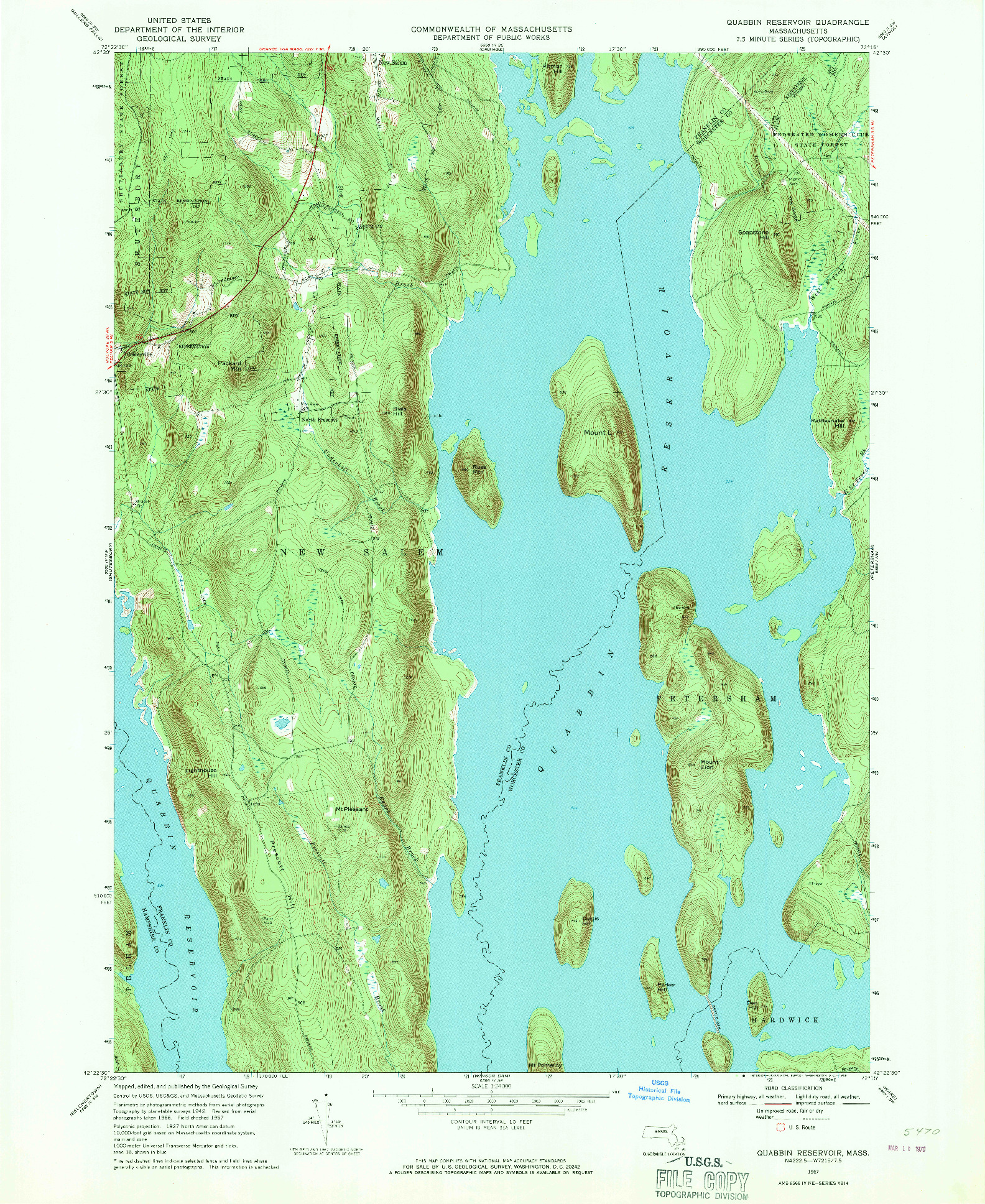 USGS 1:24000-SCALE QUADRANGLE FOR QUABBIN RESERVOIR, MA 1967