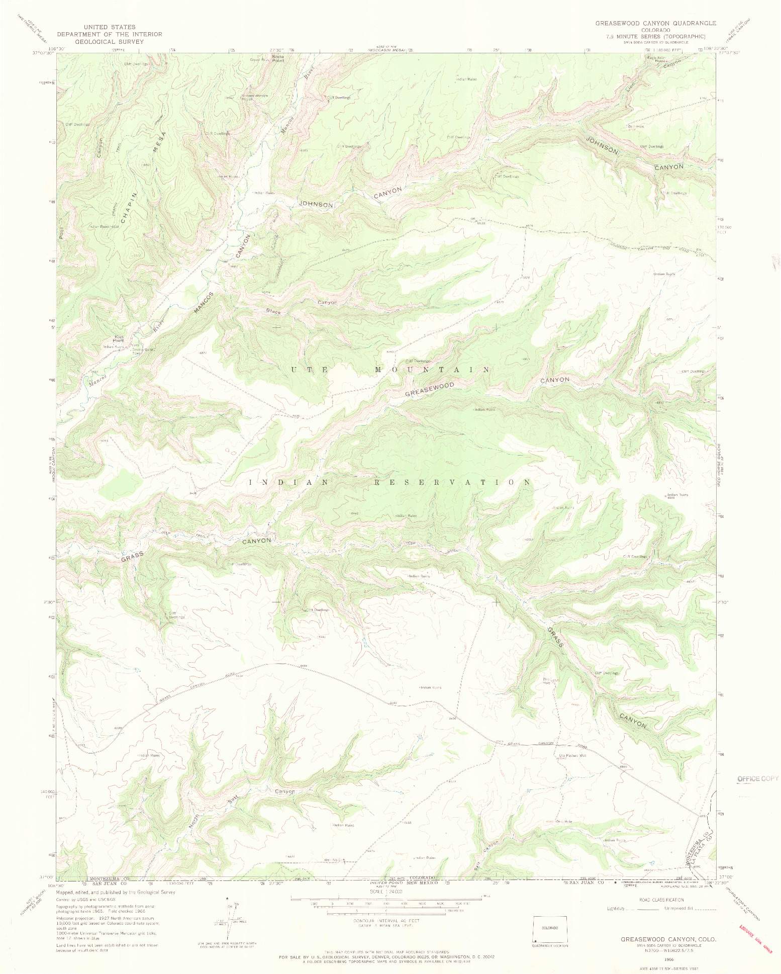 USGS 1:24000-SCALE QUADRANGLE FOR GREASEWOOD CANYON, CO 1966