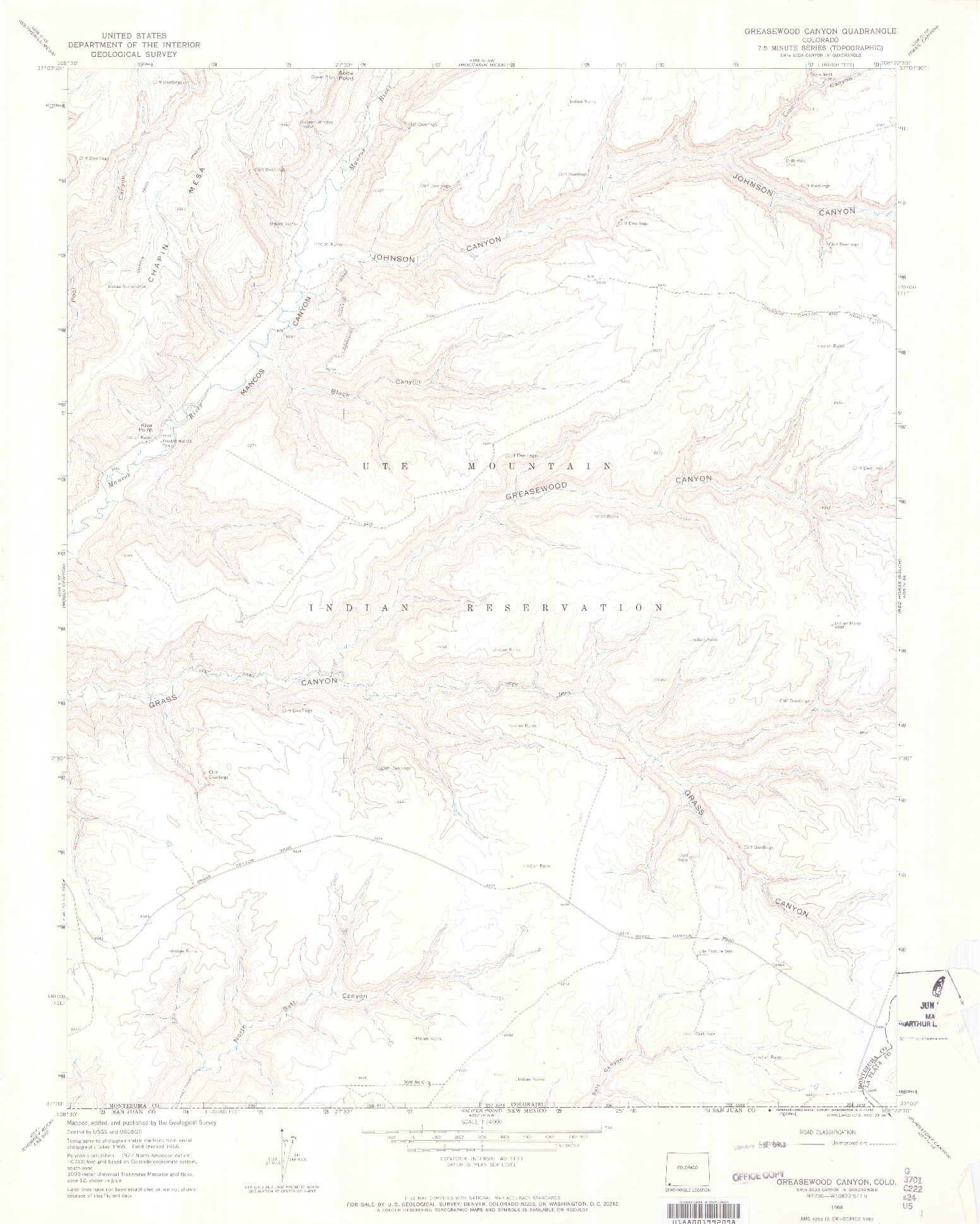 USGS 1:24000-SCALE QUADRANGLE FOR GREASEWOOD CANYON, CO 1966