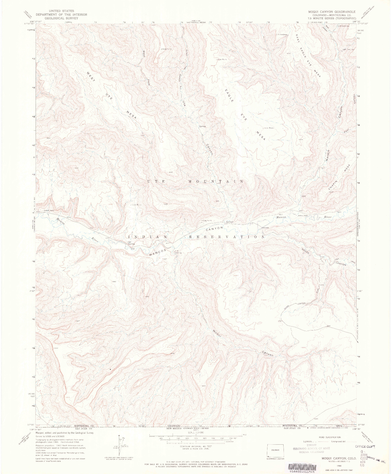 USGS 1:24000-SCALE QUADRANGLE FOR MOQUI CANYON, CO 1966