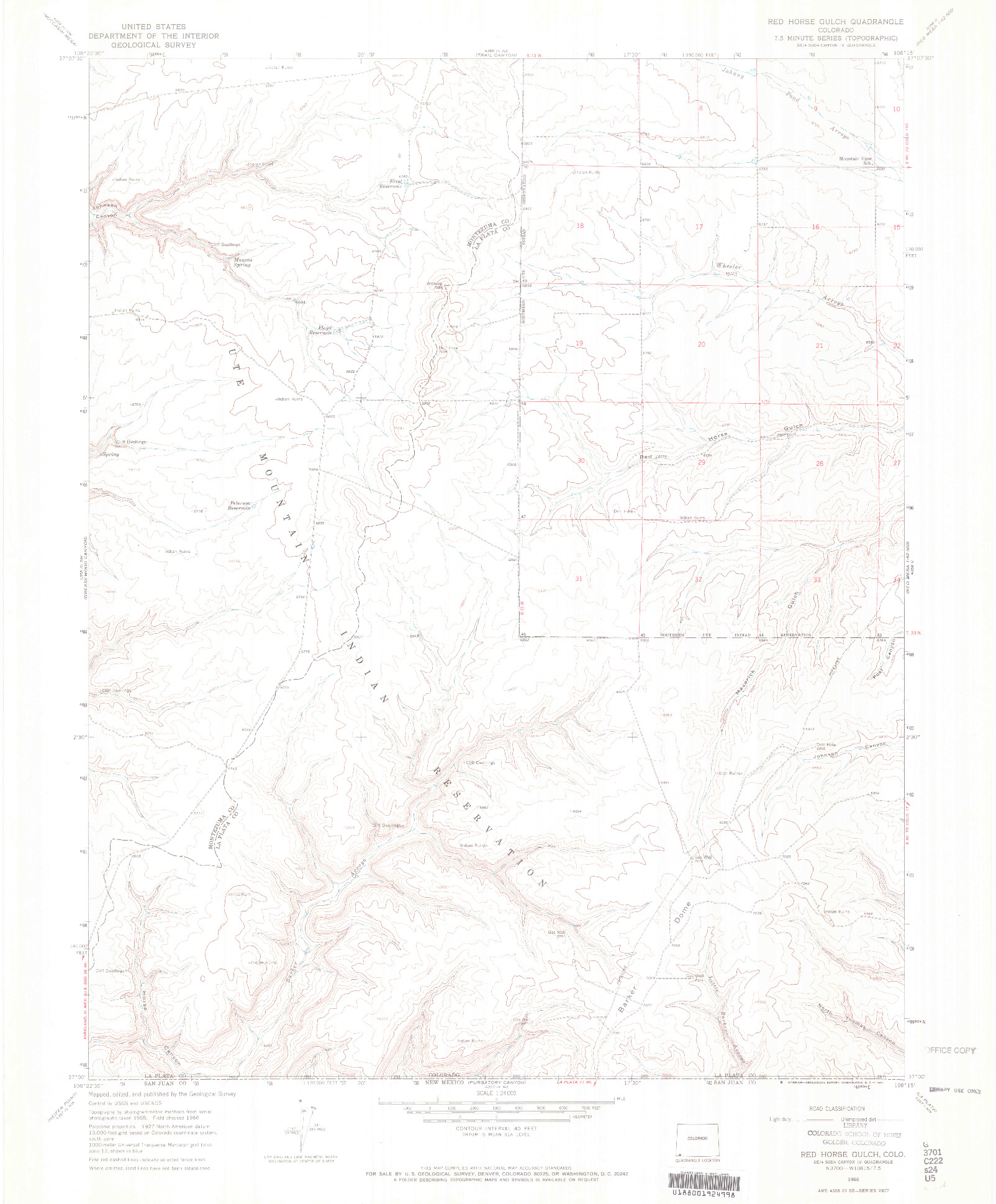 USGS 1:24000-SCALE QUADRANGLE FOR RED HORSE GULCH, CO 1966