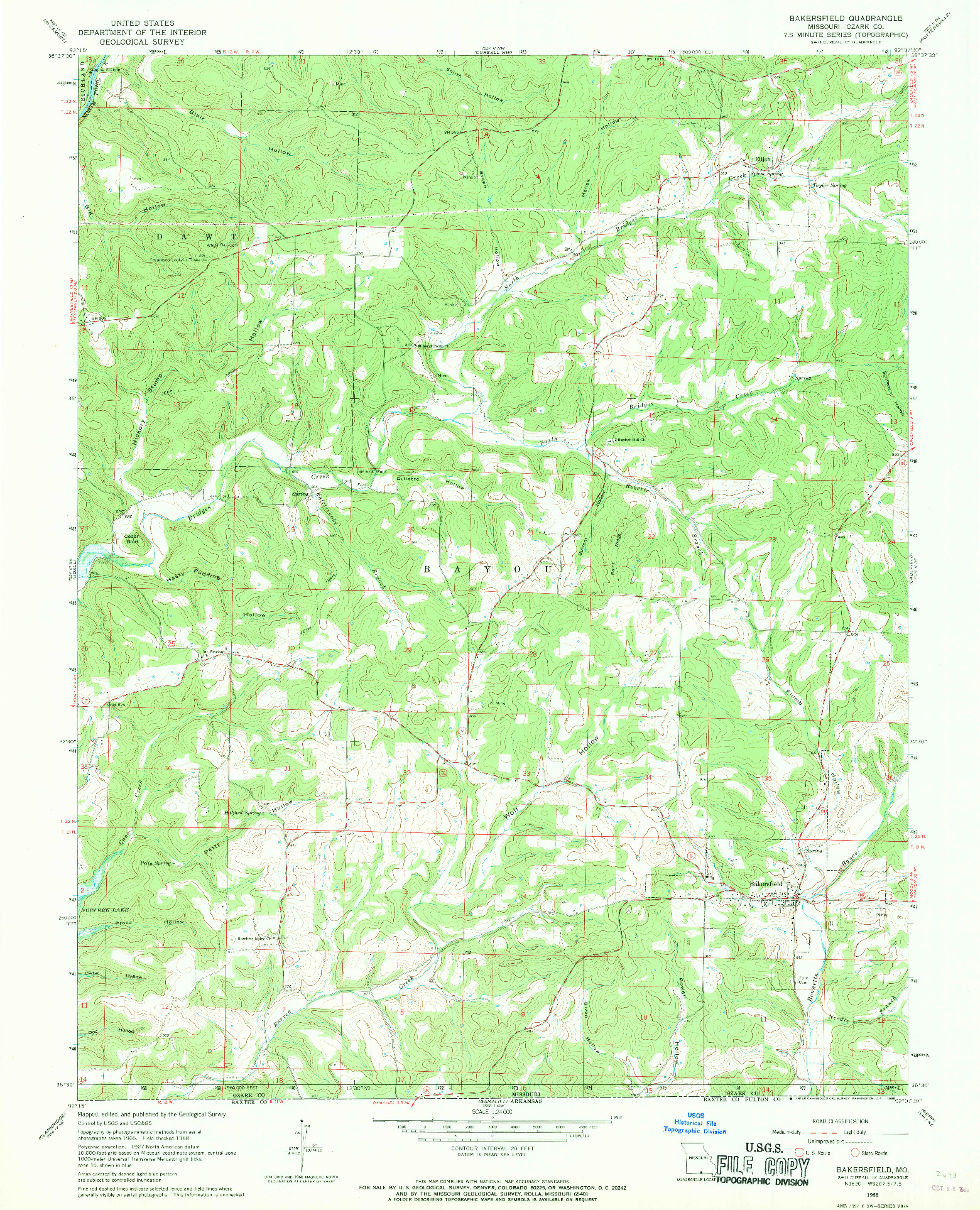 USGS 1:24000-SCALE QUADRANGLE FOR BAKERSFIELD, MO 1968