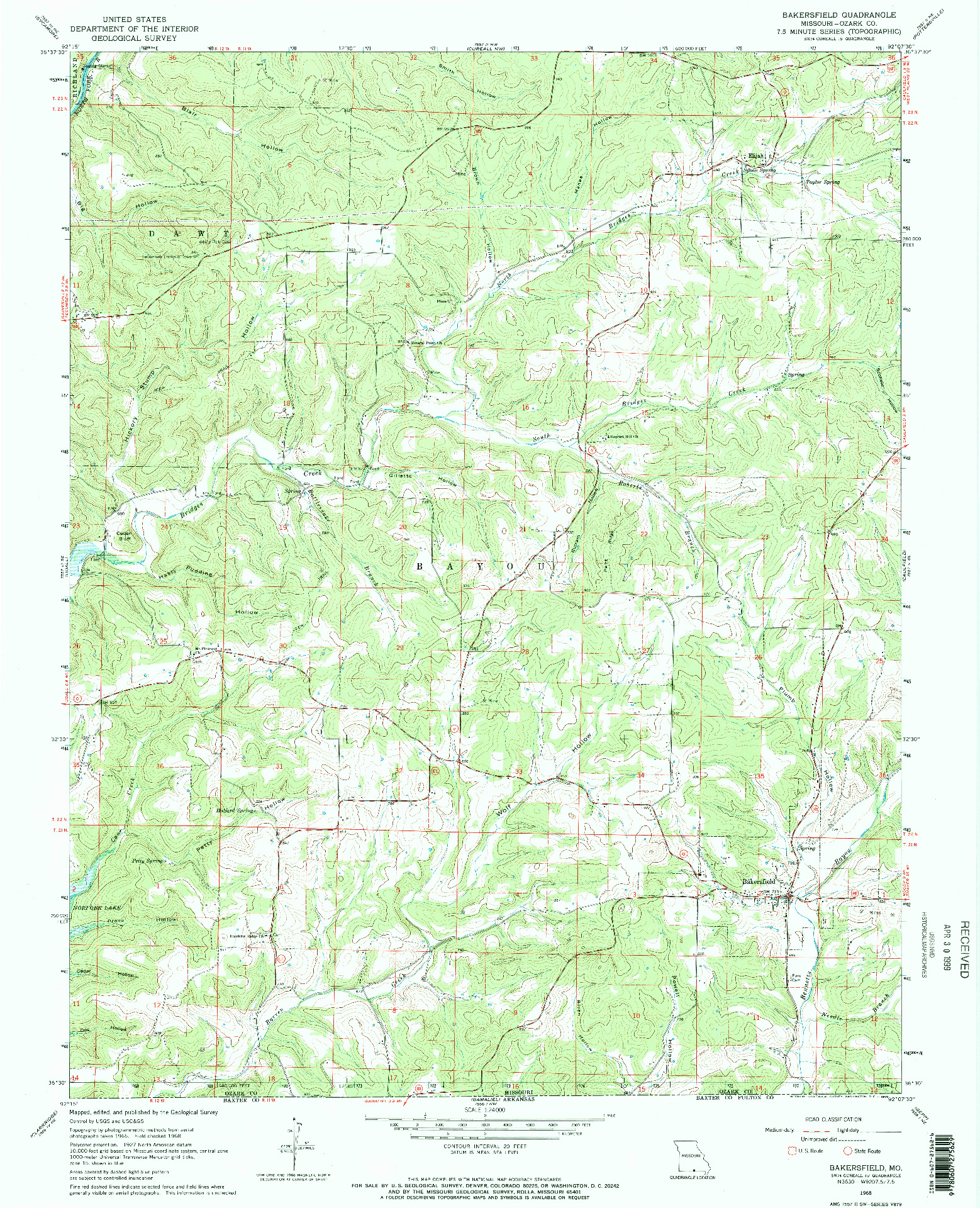 USGS 1:24000-SCALE QUADRANGLE FOR BAKERSFIELD, MO 1968