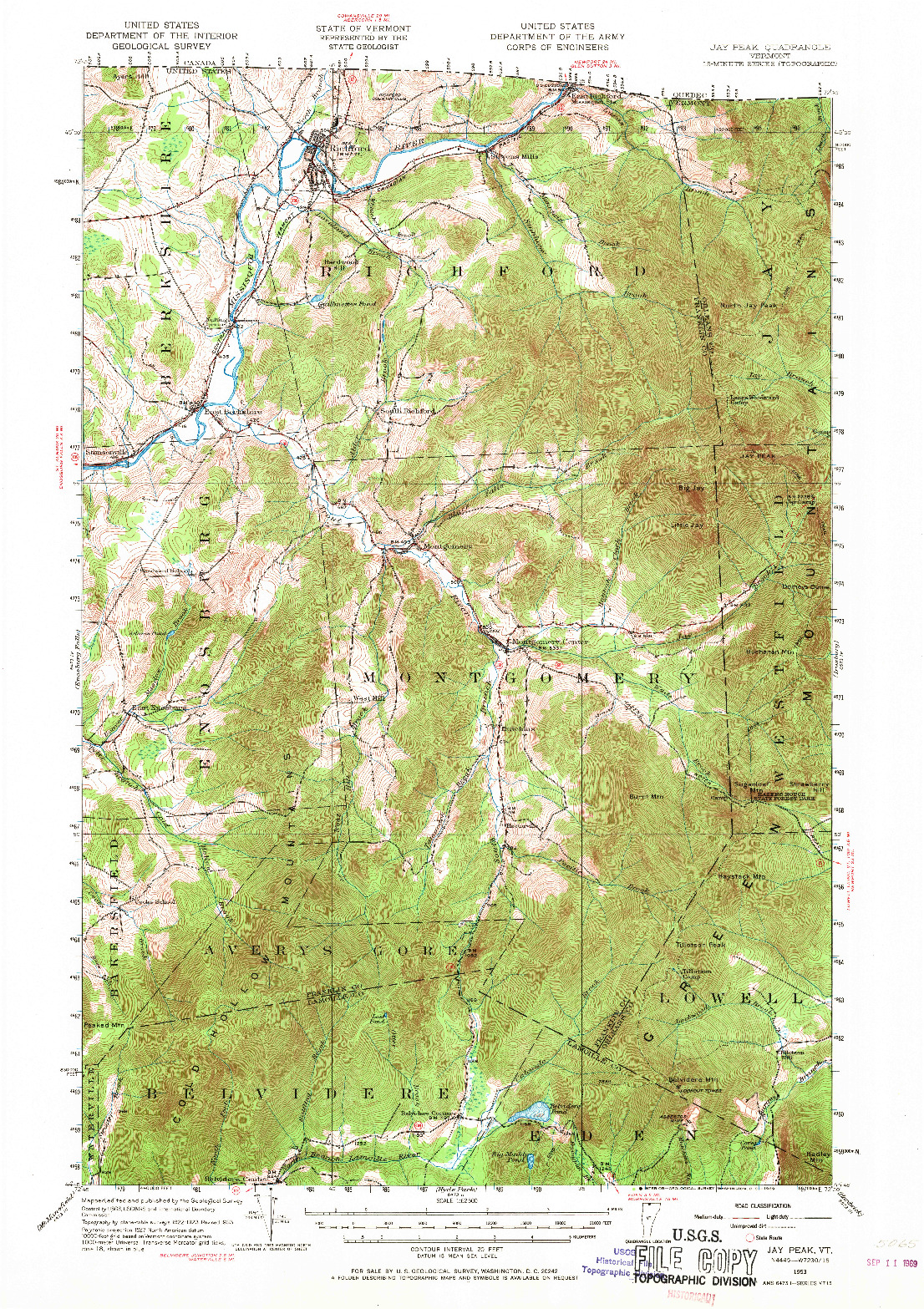 USGS 1:62500-SCALE QUADRANGLE FOR JAY PEAK, VT 1953
