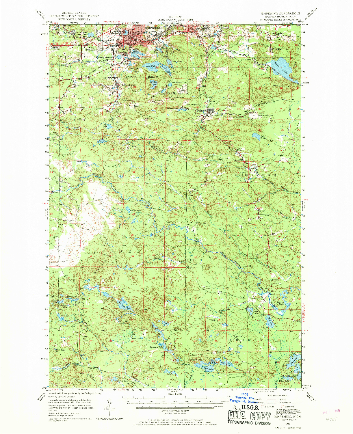 USGS 1:62500-SCALE QUADRANGLE FOR ISHPEMING, MI 1952