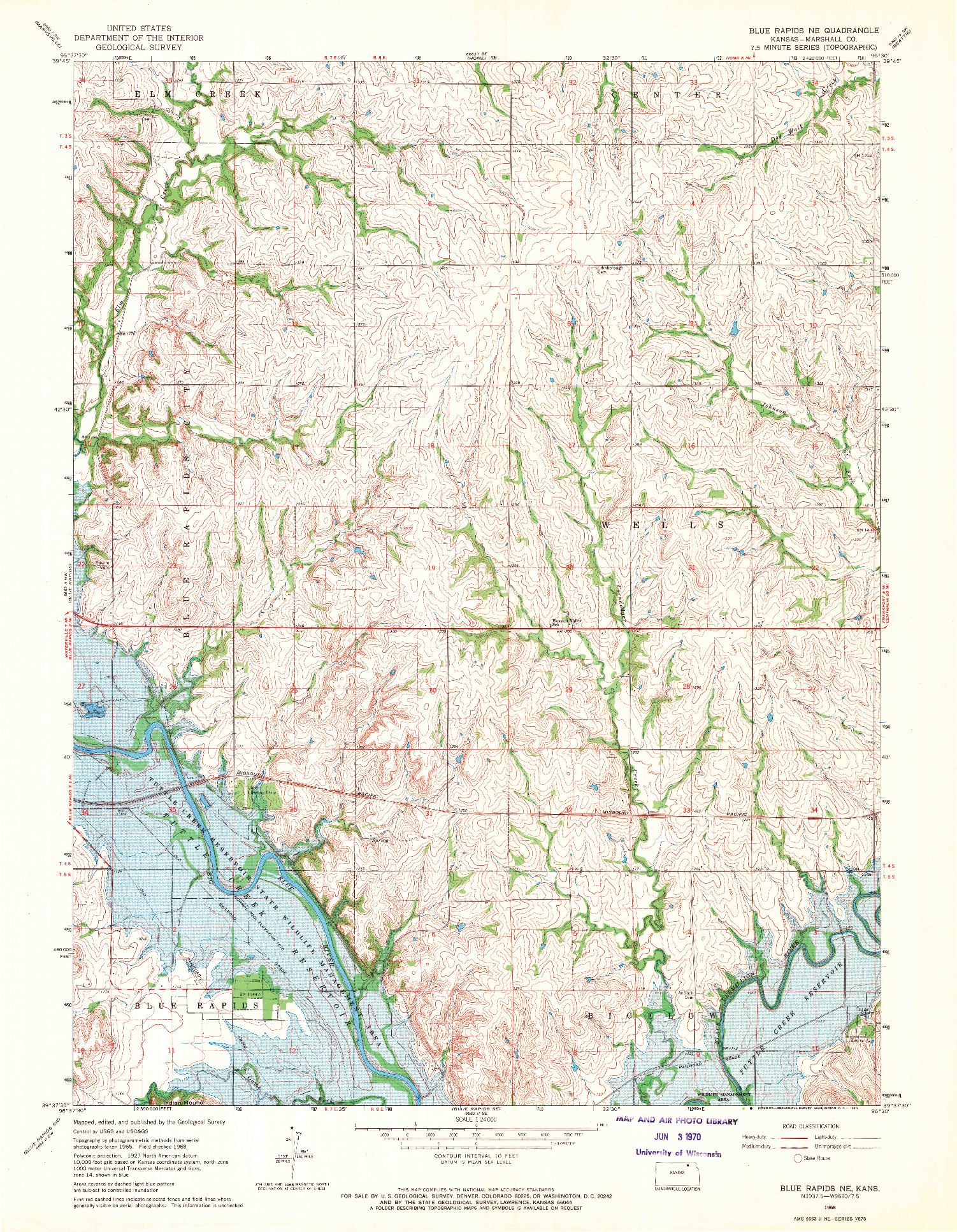 USGS 1:24000-SCALE QUADRANGLE FOR BLUE RAPIDS NE, KS 1968