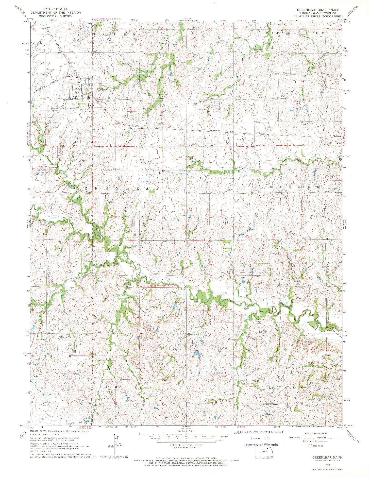 USGS 1:24000-SCALE QUADRANGLE FOR GREENLEAF, KS 1968