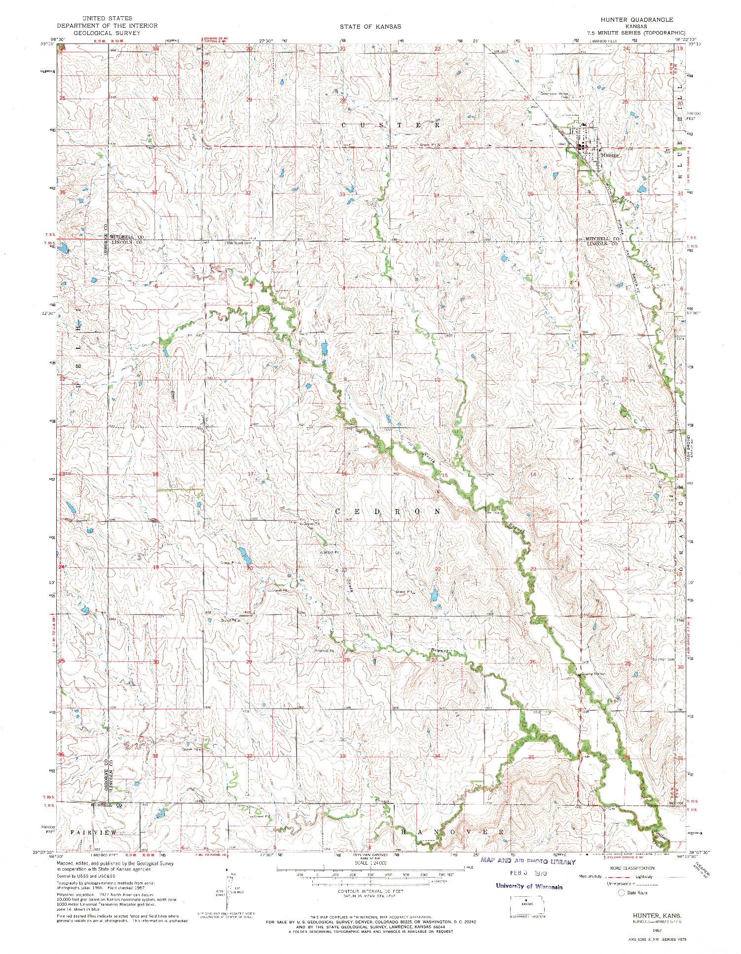 USGS 1:24000-SCALE QUADRANGLE FOR HUNTER, KS 1967