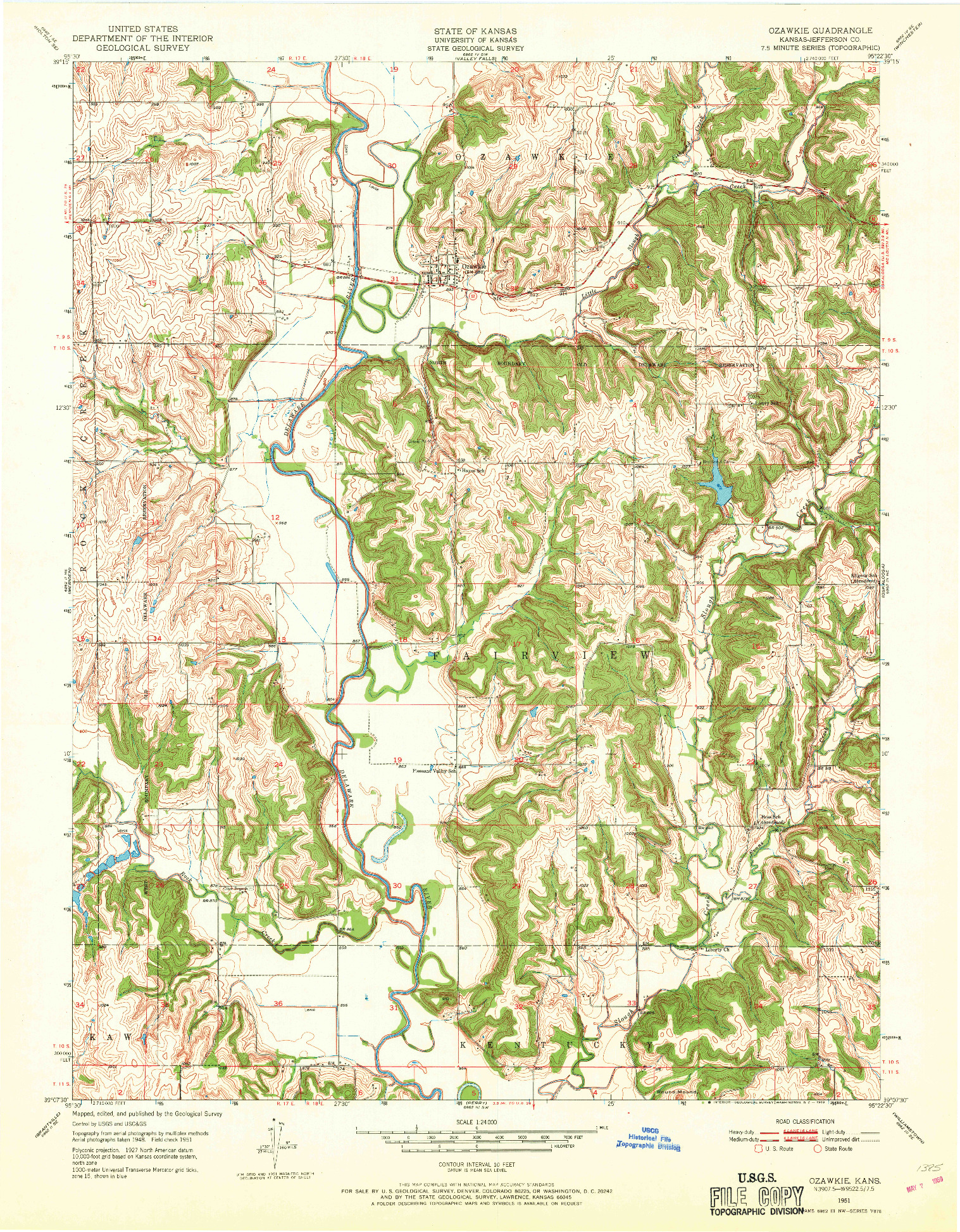 USGS 1:24000-SCALE QUADRANGLE FOR OZAWKIE, KS 1951