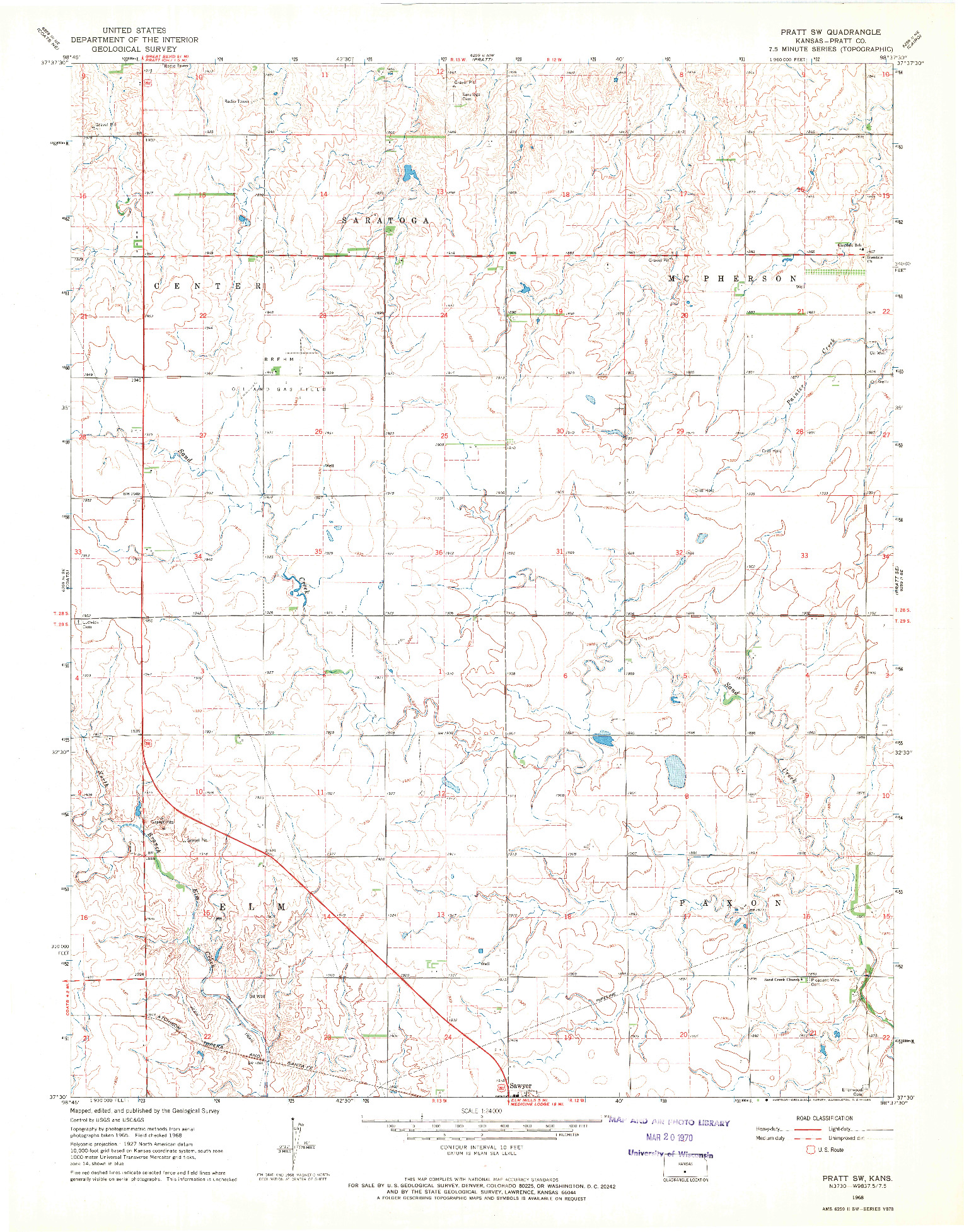USGS 1:24000-SCALE QUADRANGLE FOR PRATT SW, KS 1968