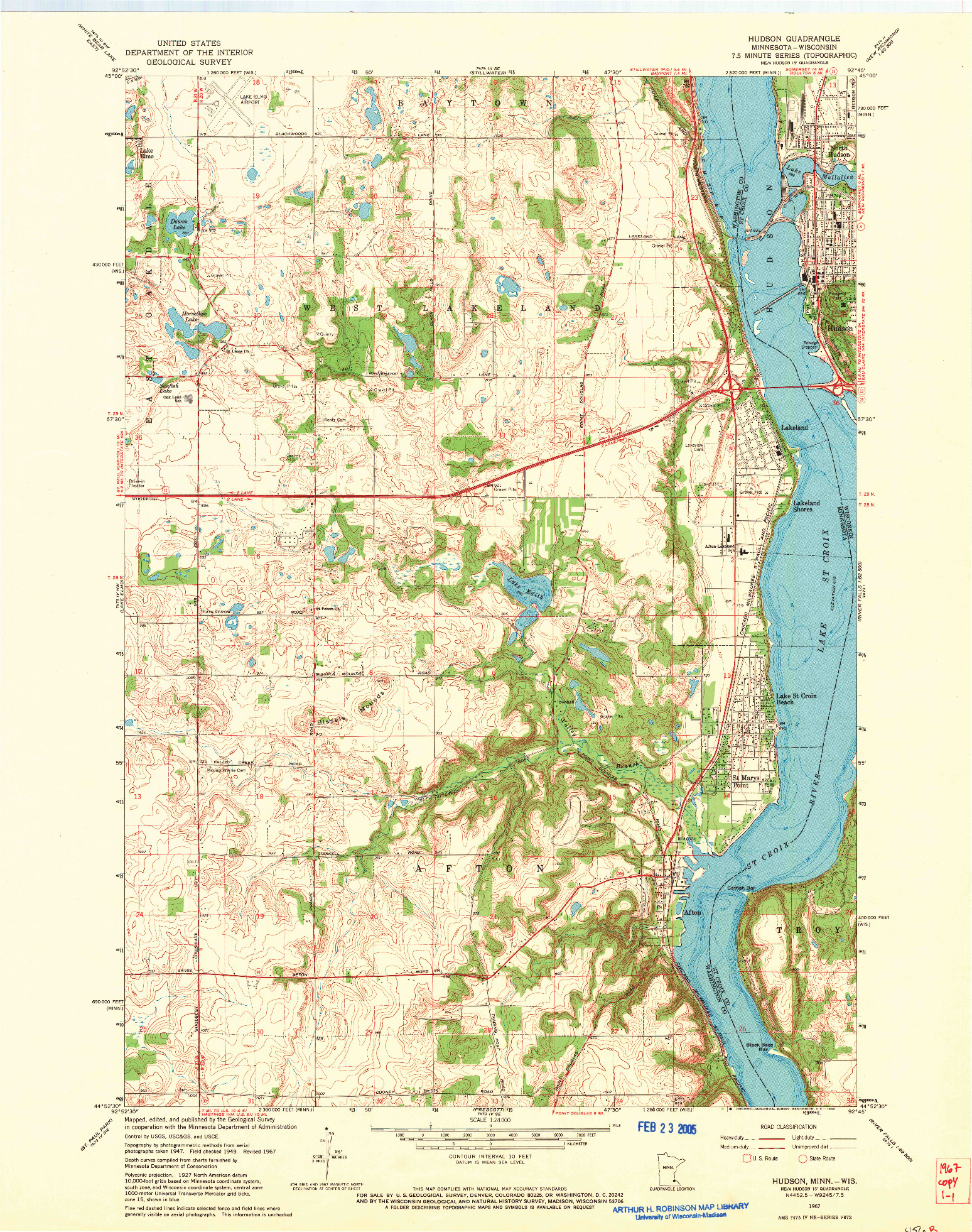 USGS 1:24000-SCALE QUADRANGLE FOR HUDSON, MN 1967