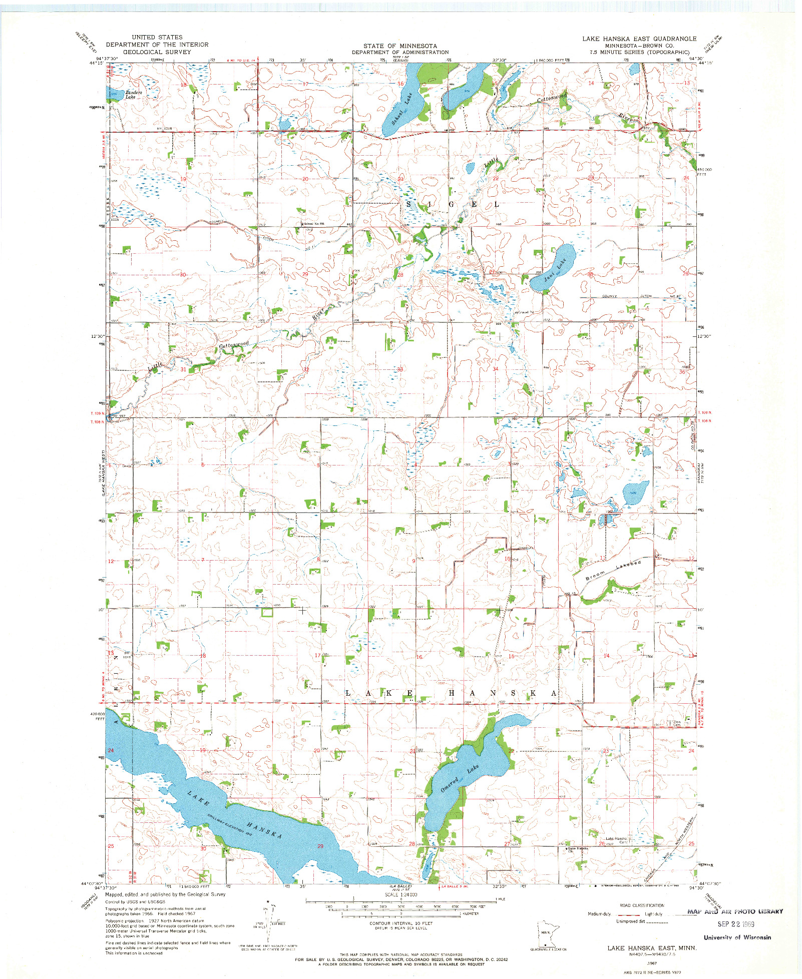 USGS 1:24000-SCALE QUADRANGLE FOR LAKE HANSKA EAST, MN 1967