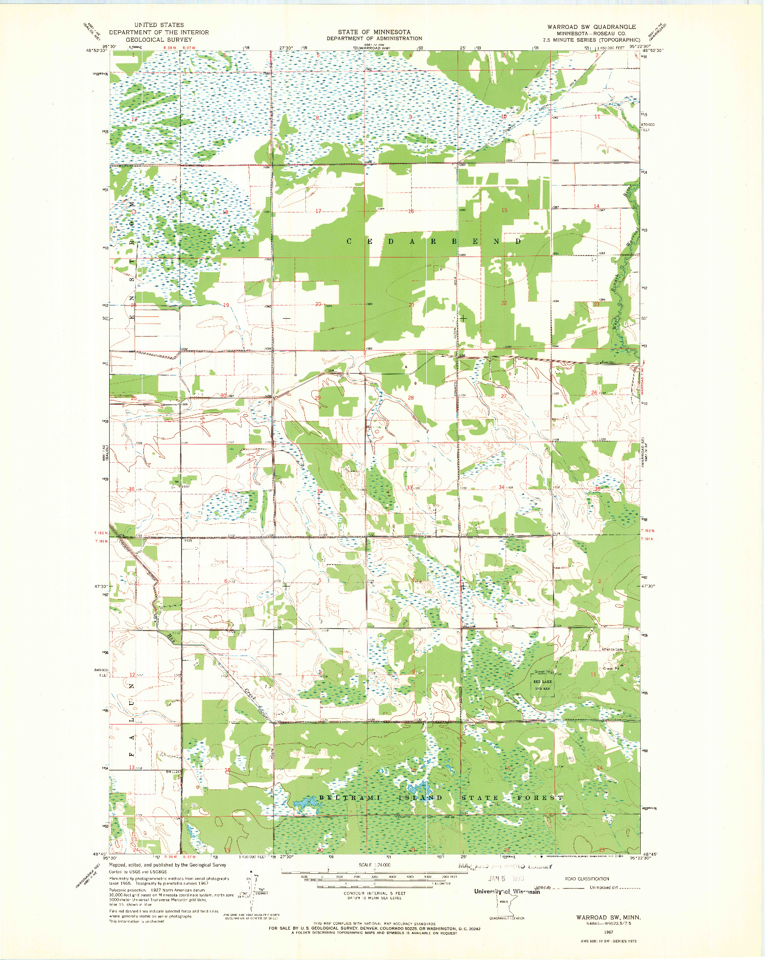 USGS 1:24000-SCALE QUADRANGLE FOR WARROAD SW, MN 1967