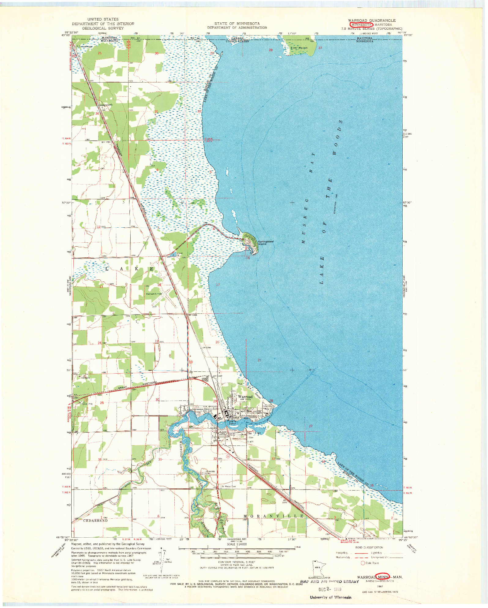 USGS 1:24000-SCALE QUADRANGLE FOR WARROAD, MN 1967