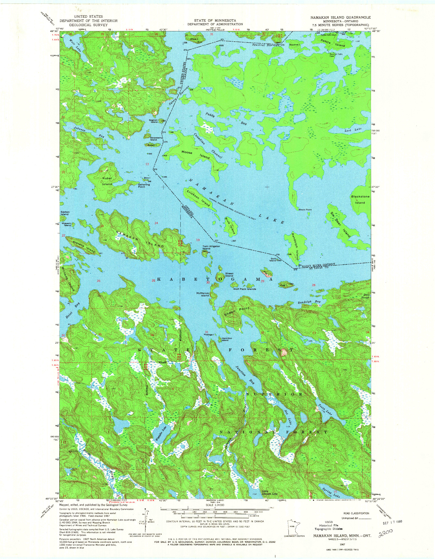 USGS 1:24000-SCALE QUADRANGLE FOR NAMAKAN ISLAND, MN 1967