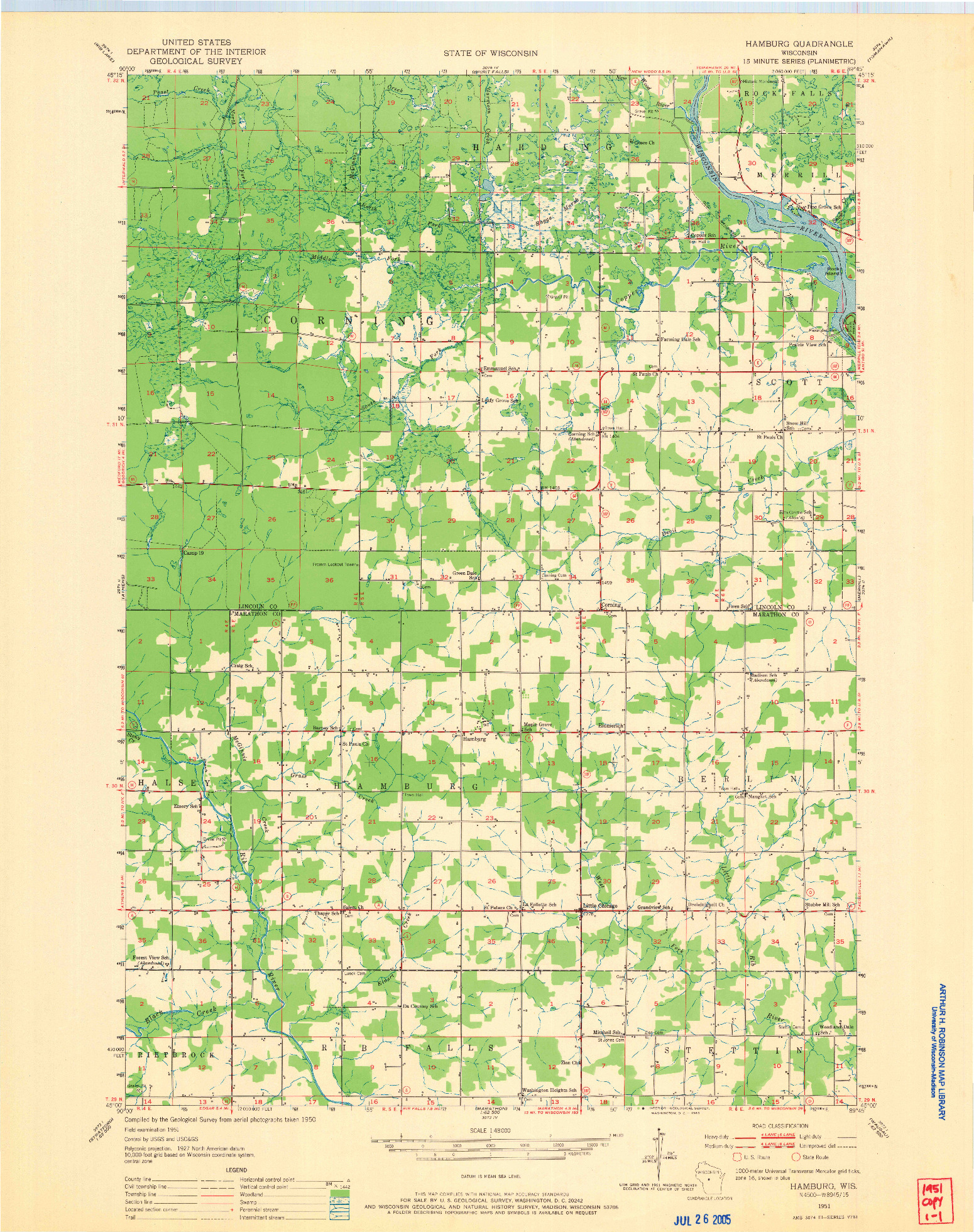 USGS 1:48000-SCALE QUADRANGLE FOR HAMBURG, WI 1951