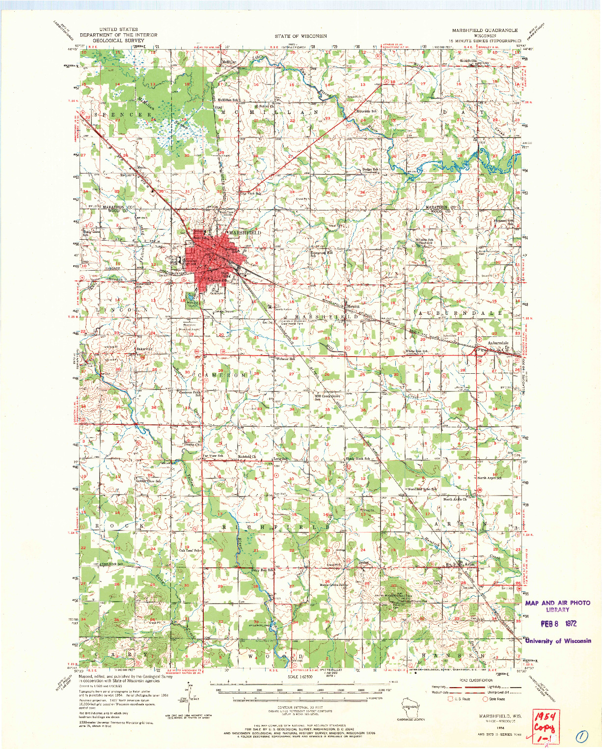 USGS 1:62500-SCALE QUADRANGLE FOR MARSHFIELD, WI 1954