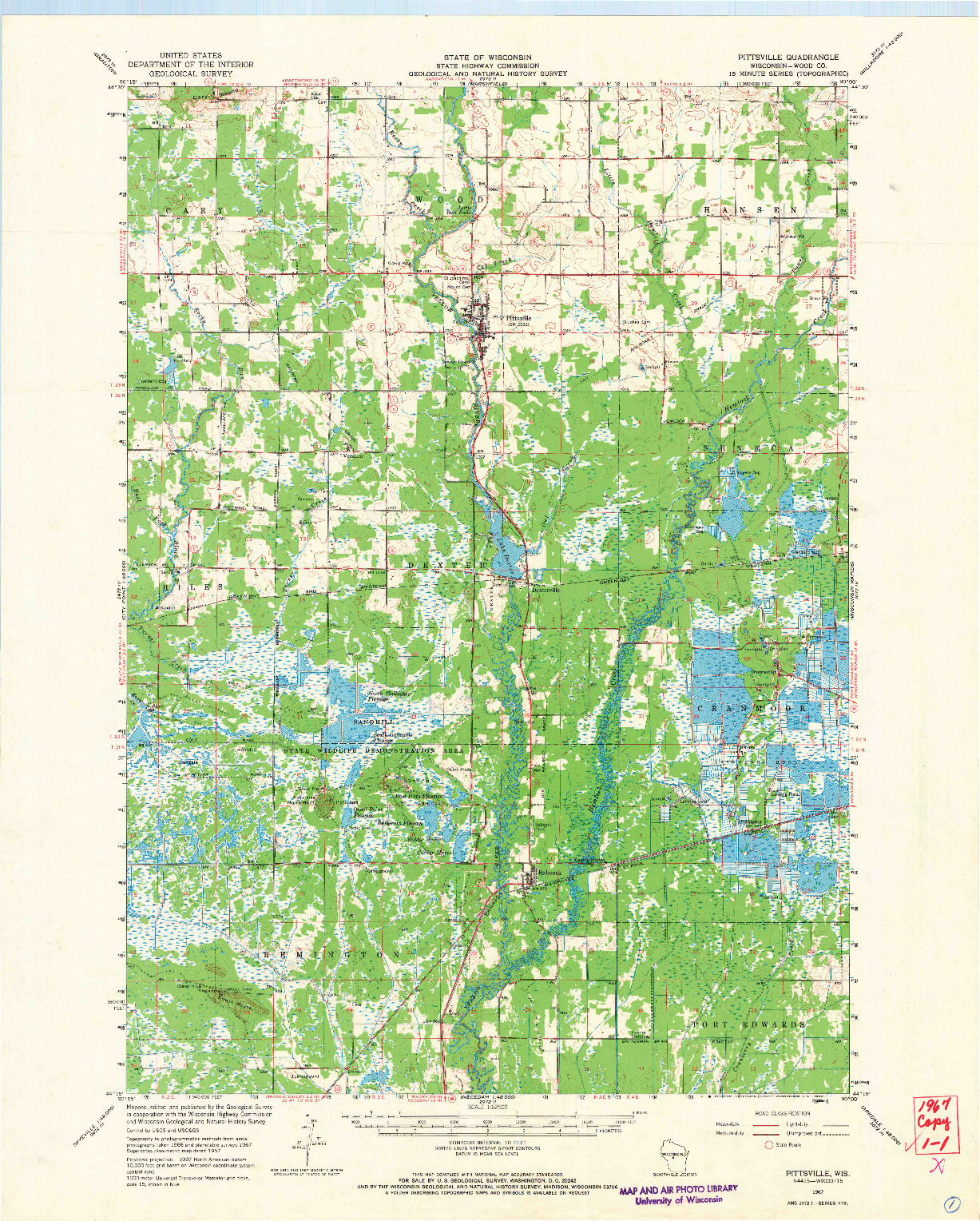 USGS 1:62500-SCALE QUADRANGLE FOR PITTSVILLE, WI 1967