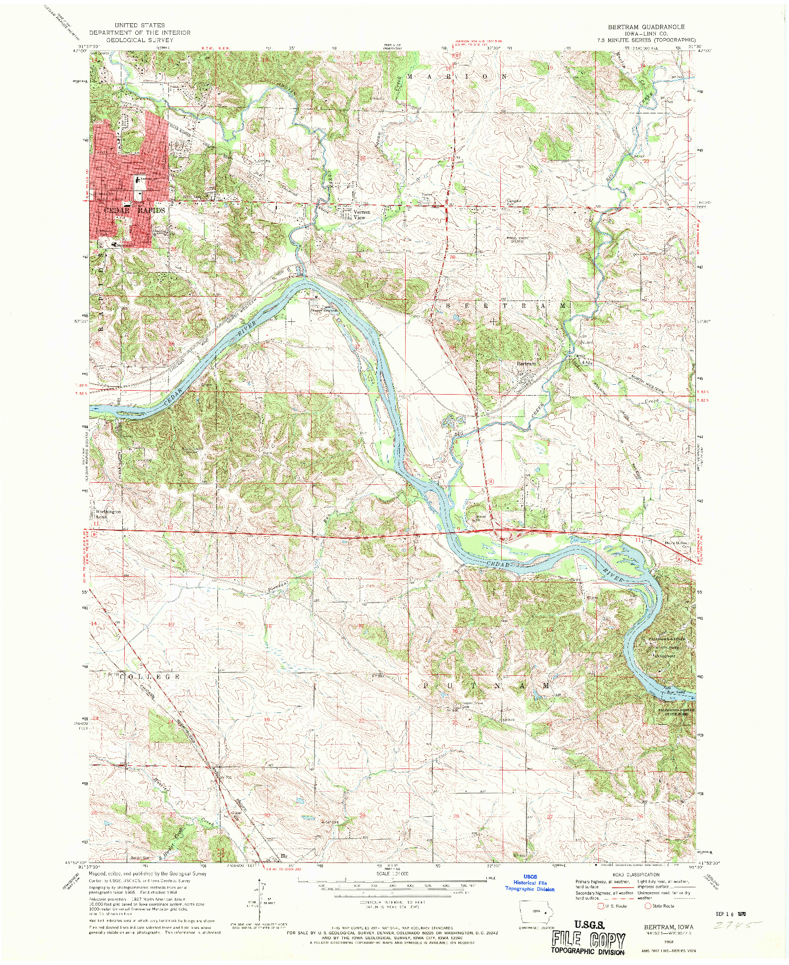 USGS 1:24000-SCALE QUADRANGLE FOR BERTRAM, IA 1968