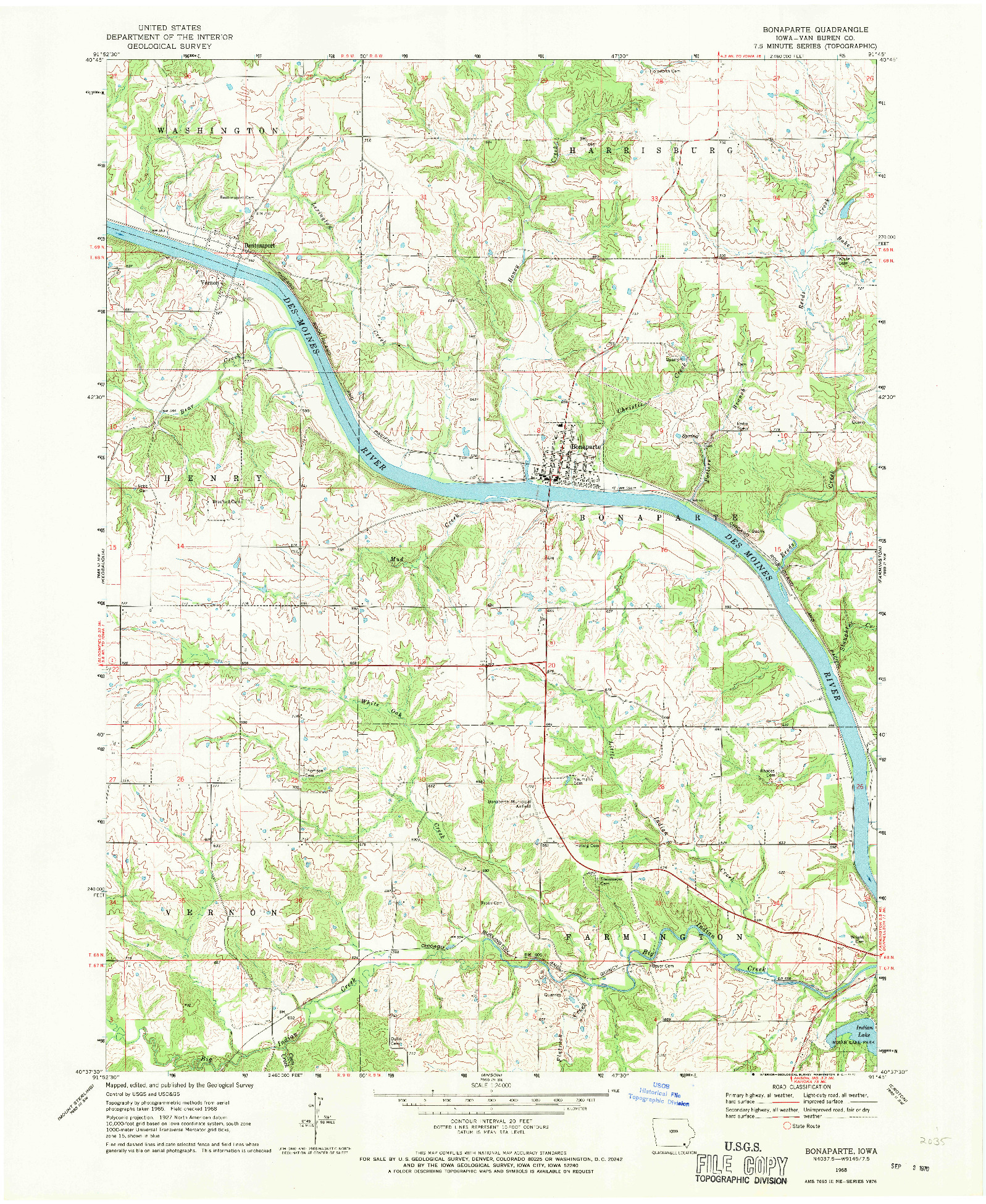 USGS 1:24000-SCALE QUADRANGLE FOR BONAPARTE, IA 1968