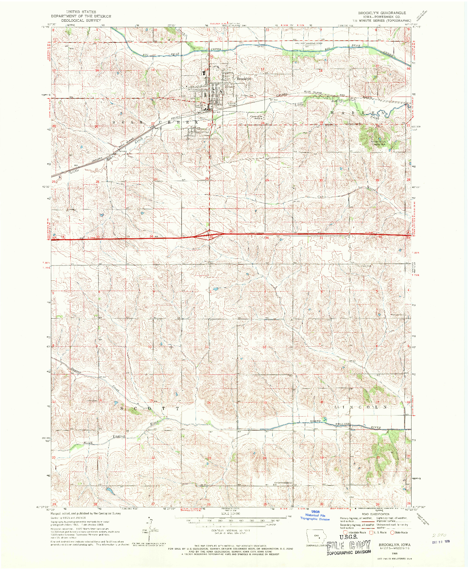 USGS 1:24000-SCALE QUADRANGLE FOR BROOKLYN, IA 1968