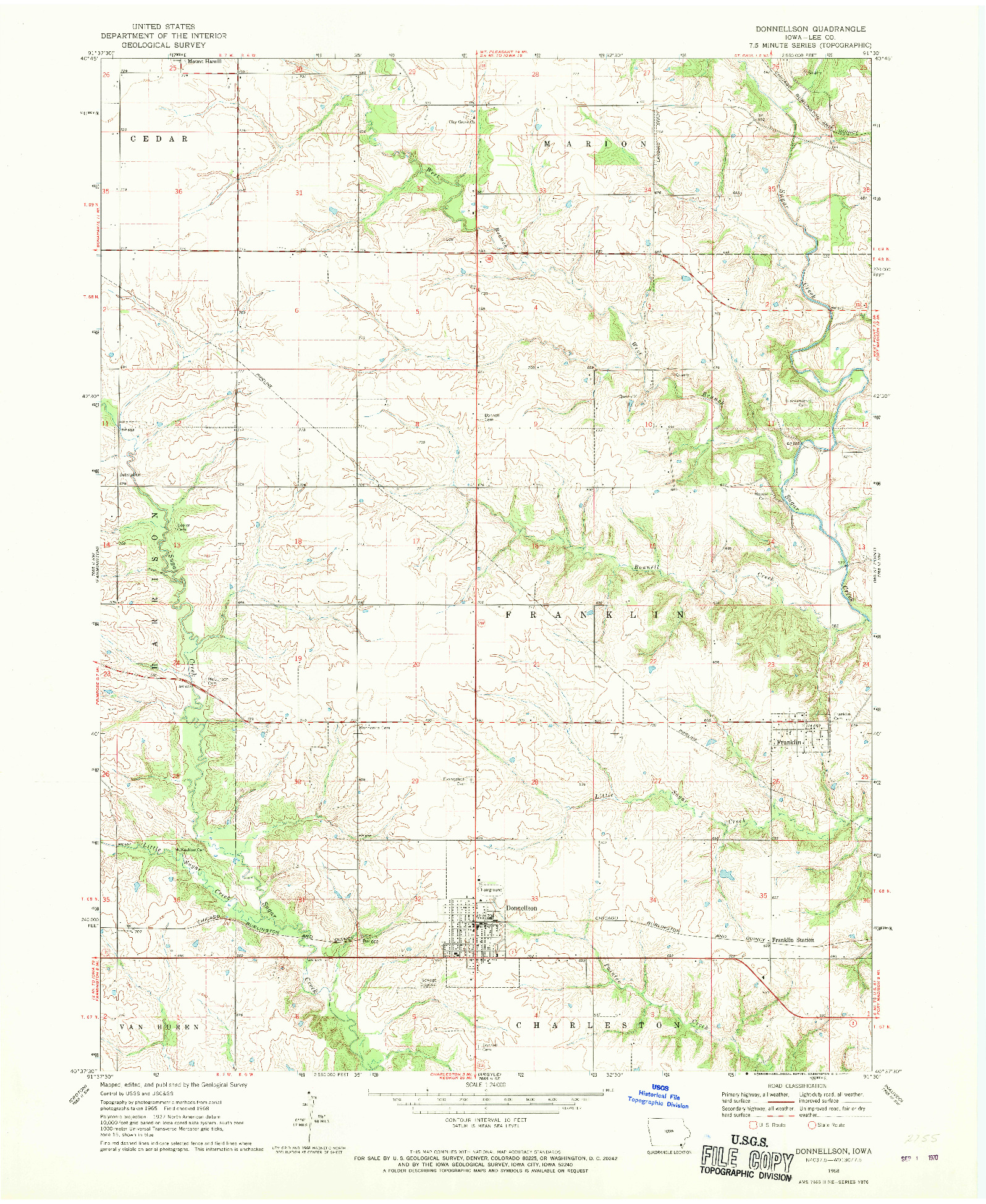 USGS 1:24000-SCALE QUADRANGLE FOR DONNELLSON, IA 1968