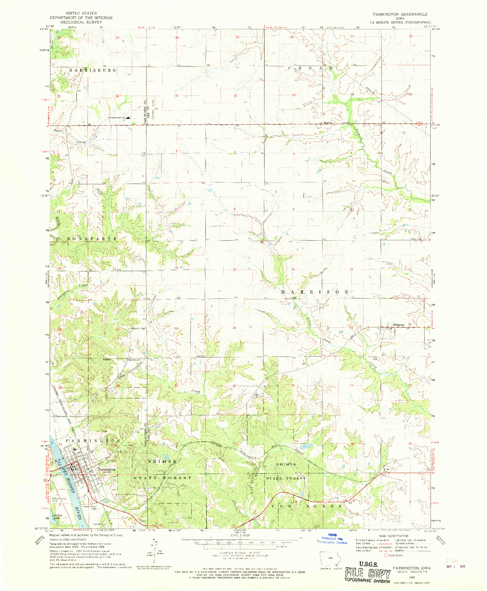 USGS 1:24000-SCALE QUADRANGLE FOR FARMINGTON, IA 1968