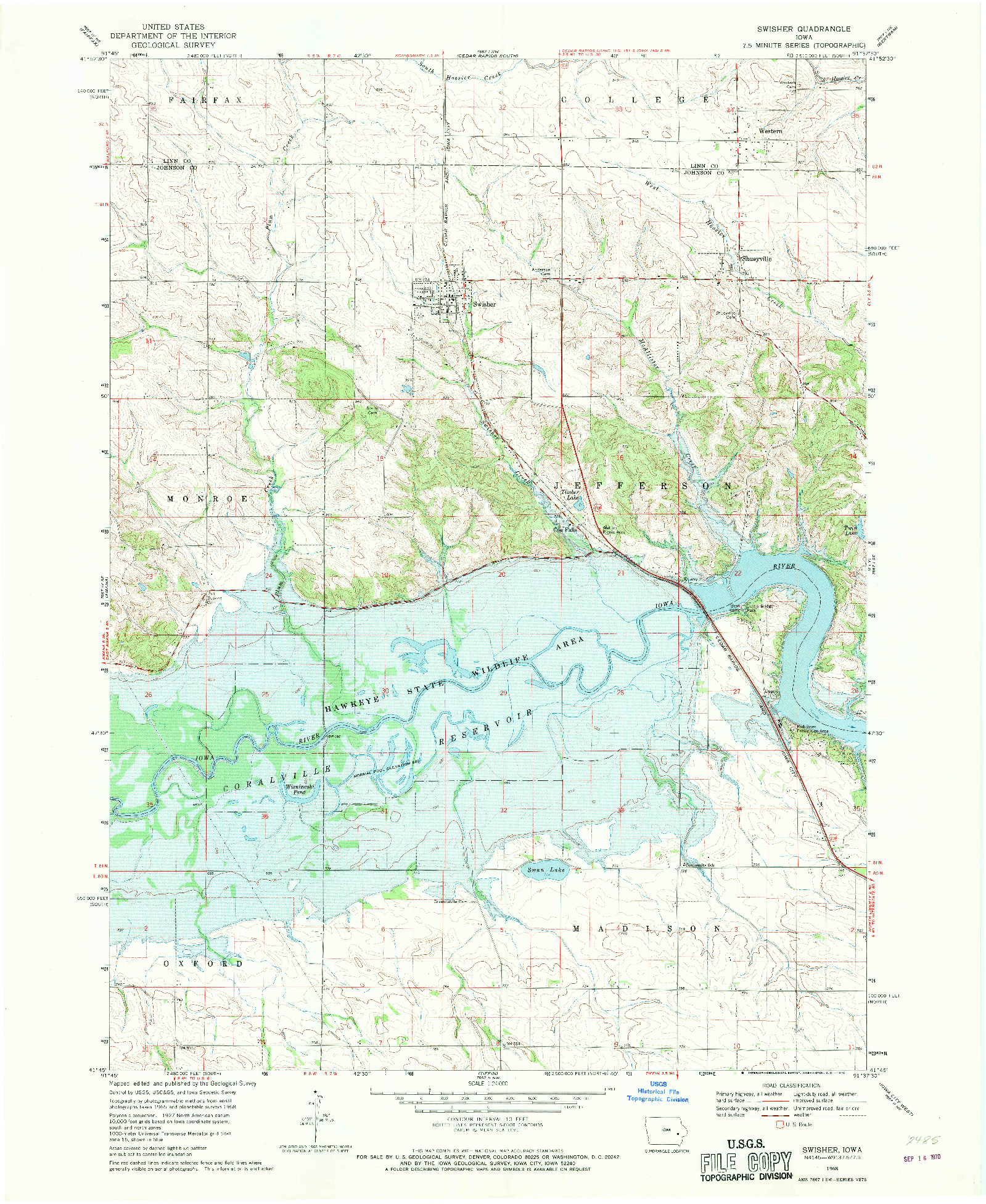 USGS 1:24000-SCALE QUADRANGLE FOR SWISHER, IA 1968