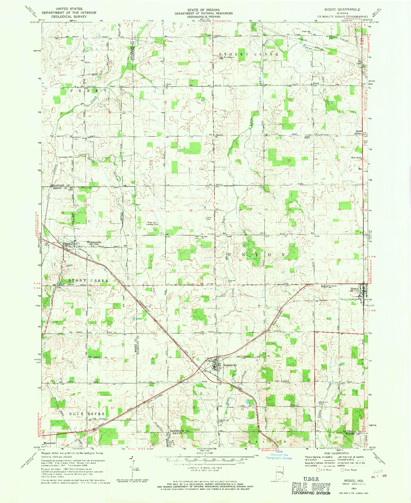 USGS 1:24000-SCALE QUADRANGLE FOR MODOC, IN 1969