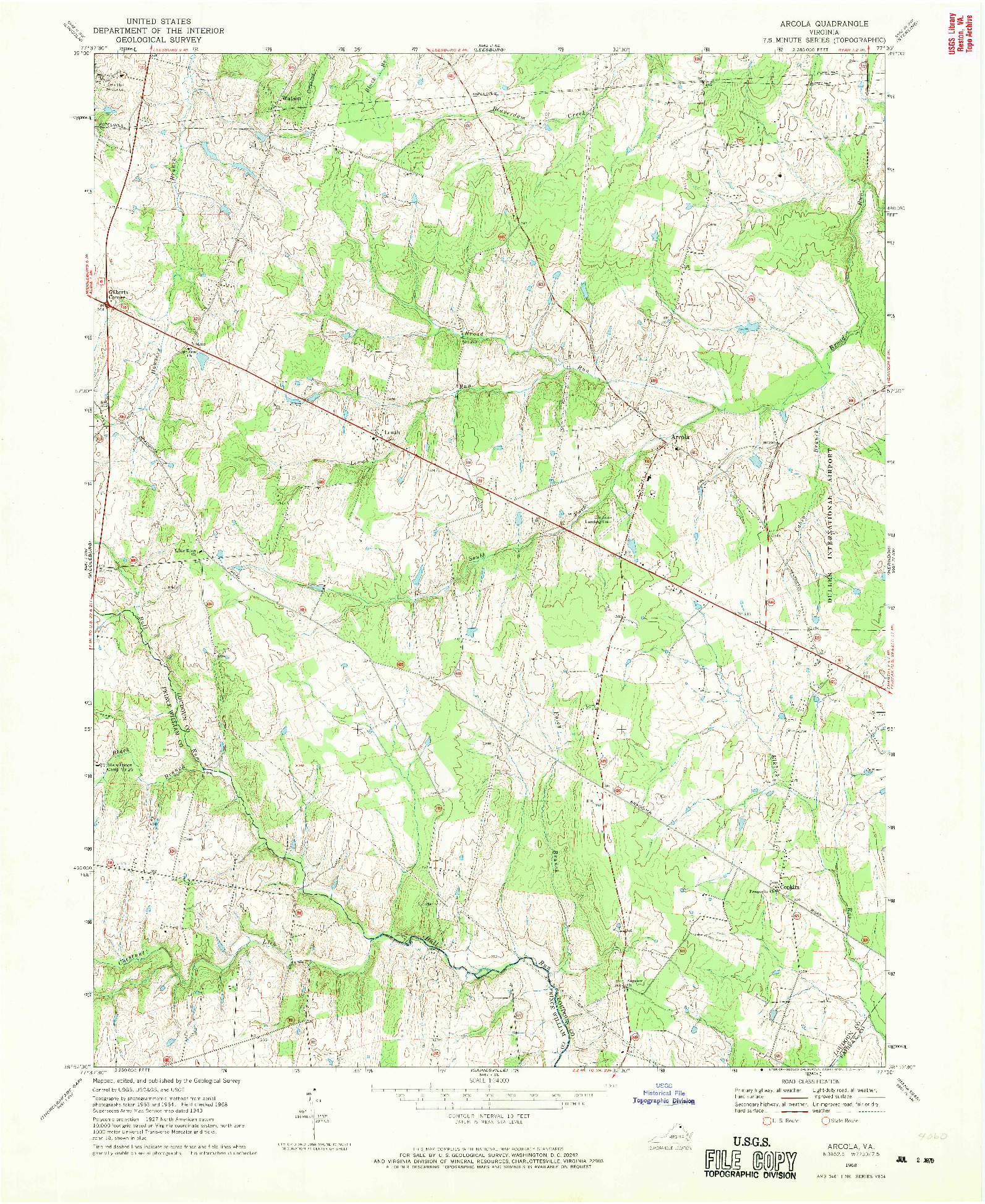 USGS 1:24000-SCALE QUADRANGLE FOR ARCOLA, VA 1968