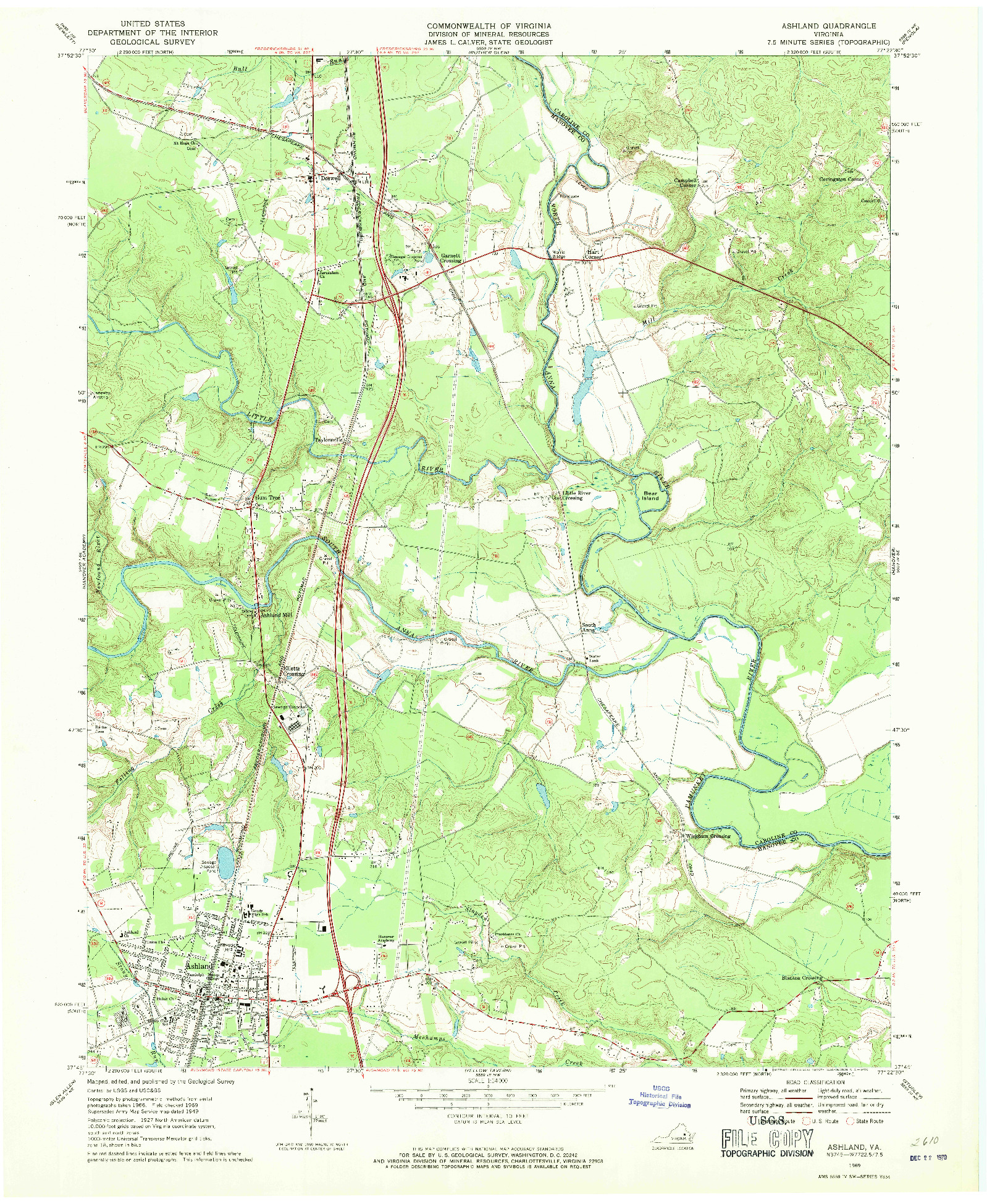 USGS 1:24000-SCALE QUADRANGLE FOR ASHLAND, VA 1969