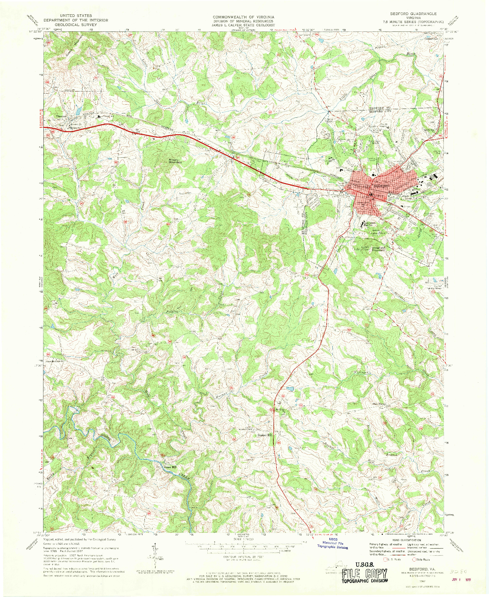 USGS 1:24000-SCALE QUADRANGLE FOR BEDFORD, VA 1967